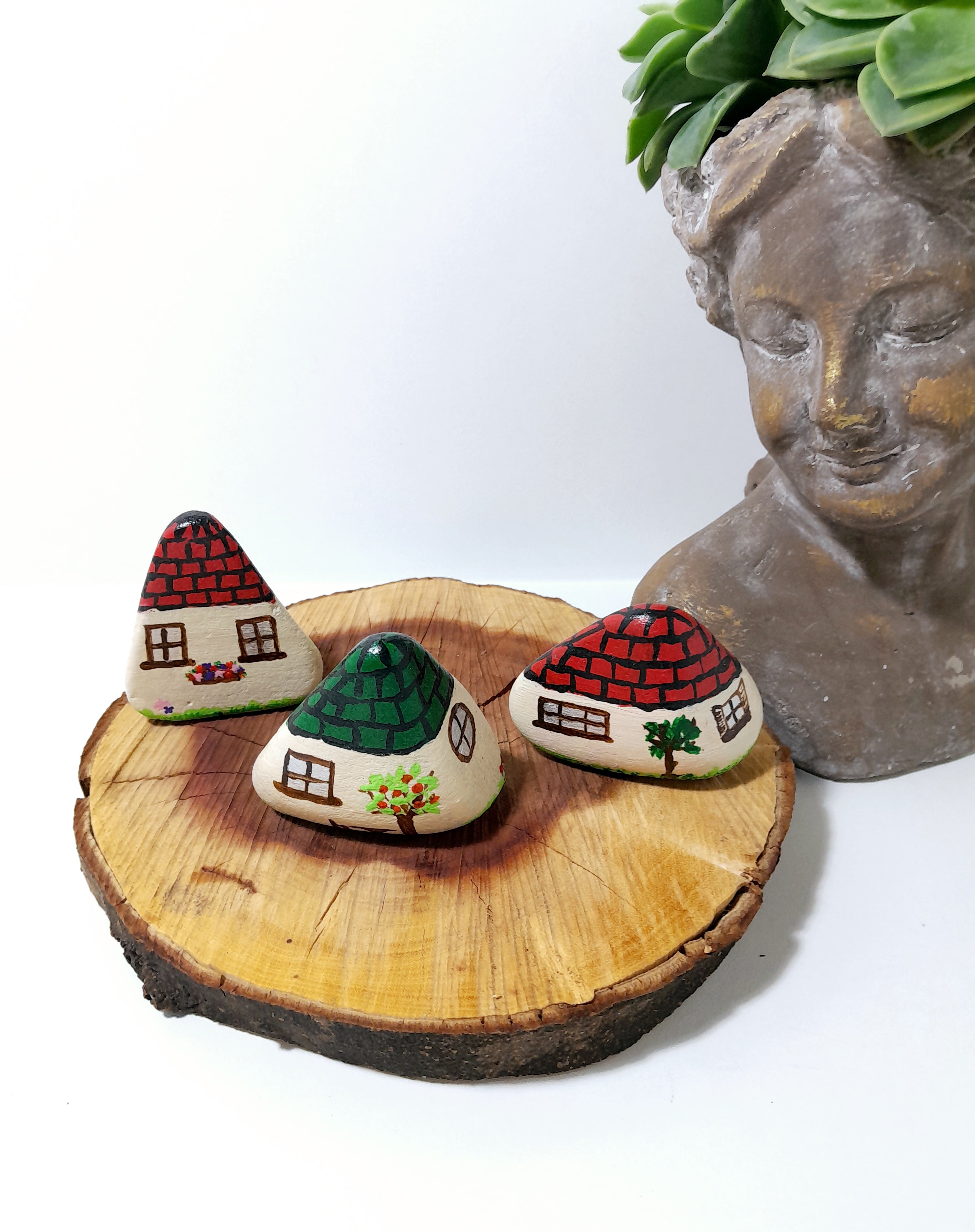 Set Of 3 Quirky Multi-Coloured Hand Painted Dwarf House Rocks