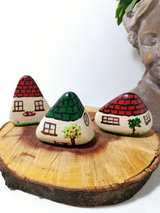 Set Of 3 Quirky Multi-Coloured Hand Painted Dwarf House Rocks