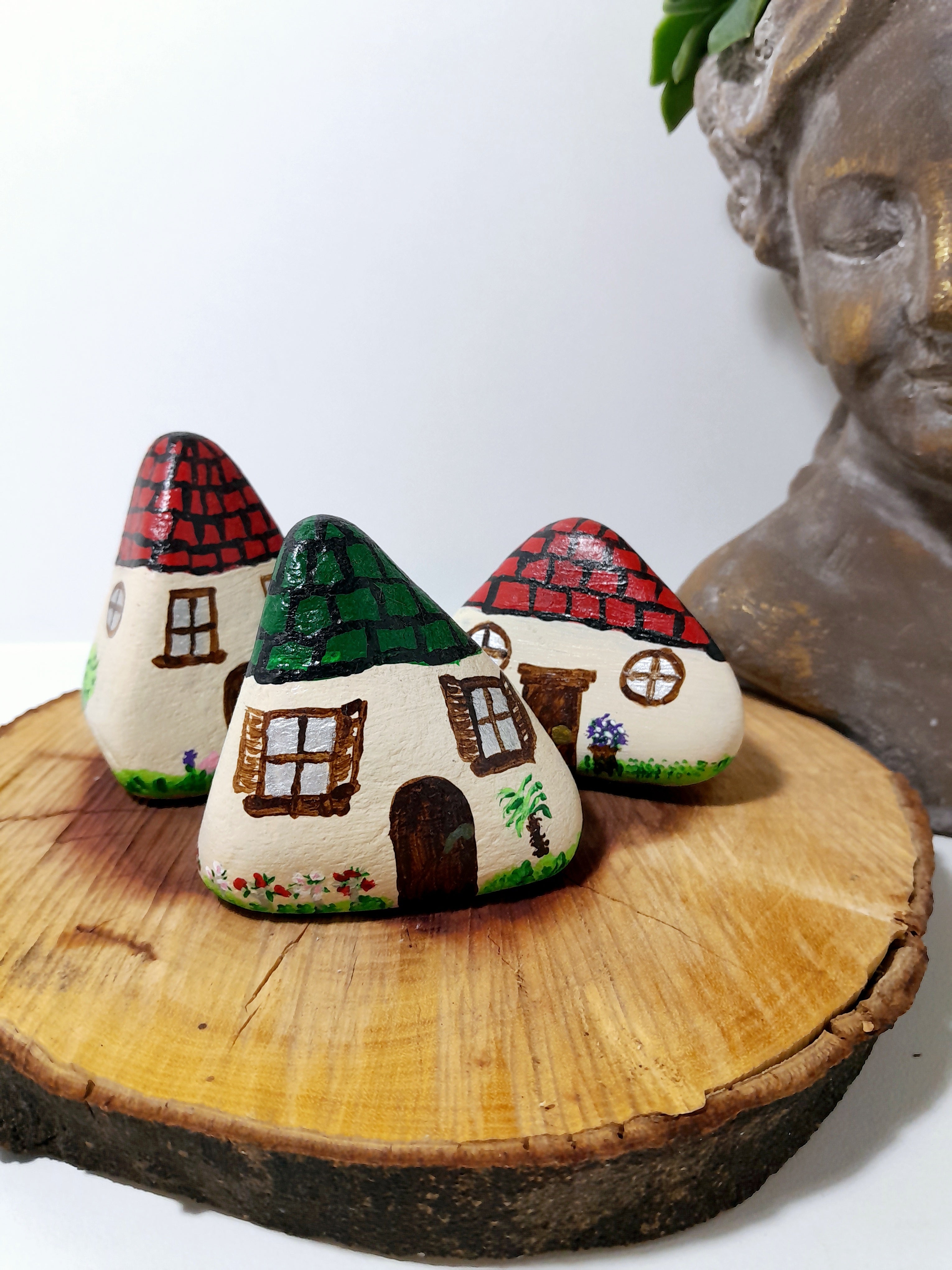 Set Of 3 Quirky Multi-Coloured Hand Painted Dwarf House Rocks