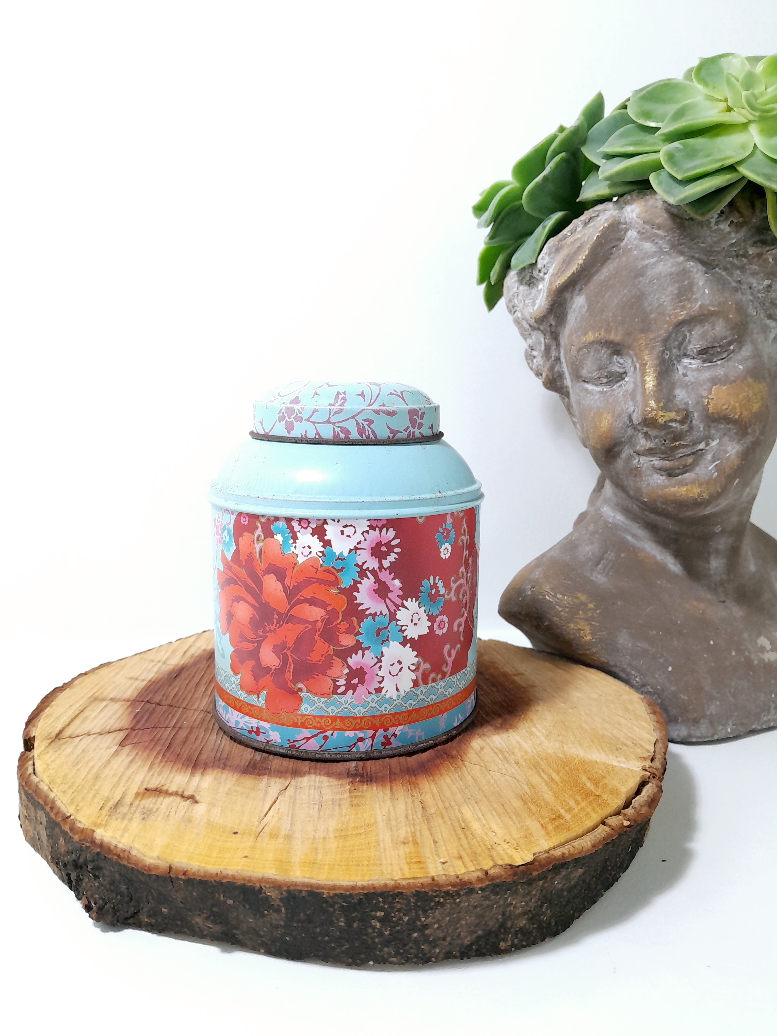 Vintage Woolworths Rooibos Tea Tin – Light Blue With Deep Pink