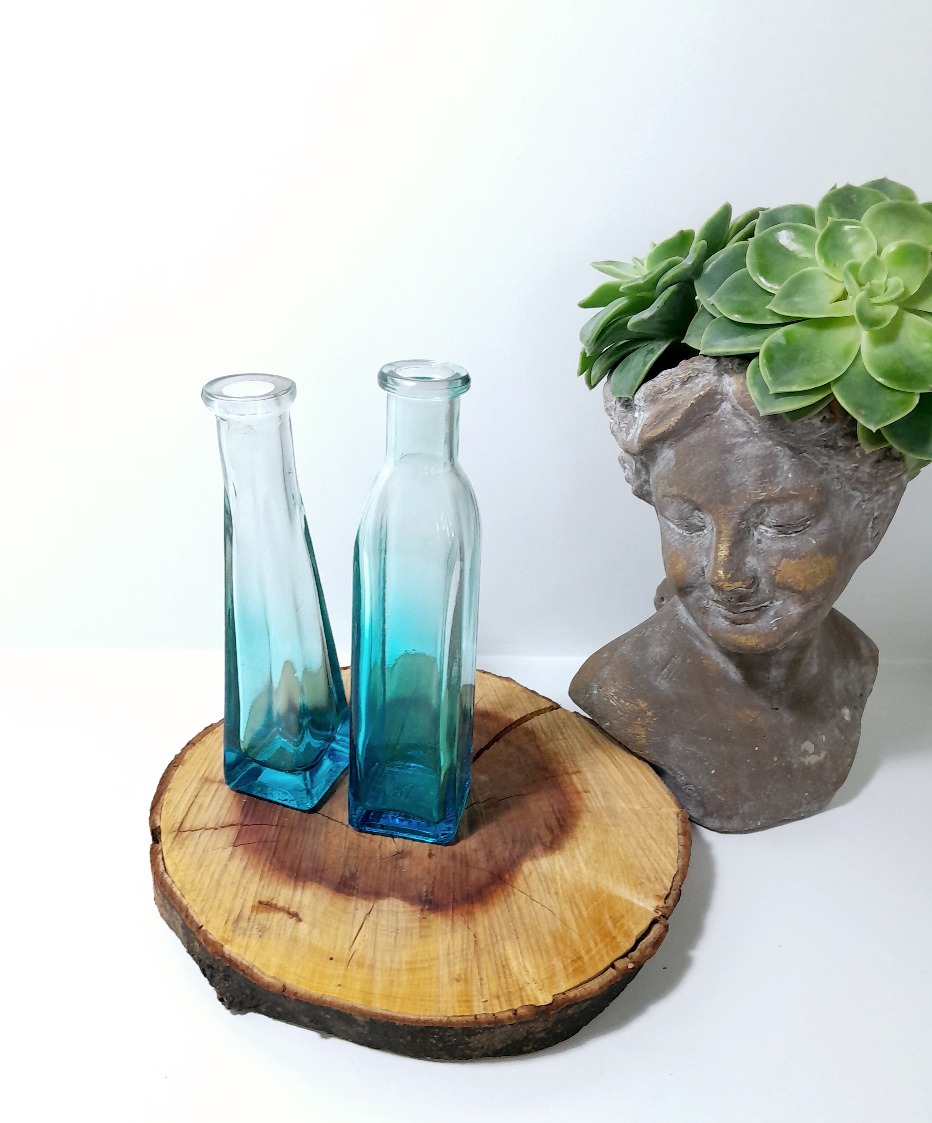 Pair Of Small Ombré Blue Glass Bottle Bud Vases