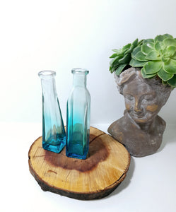 Pair Of Small Ombré Blue Glass Bottle Bud Vases