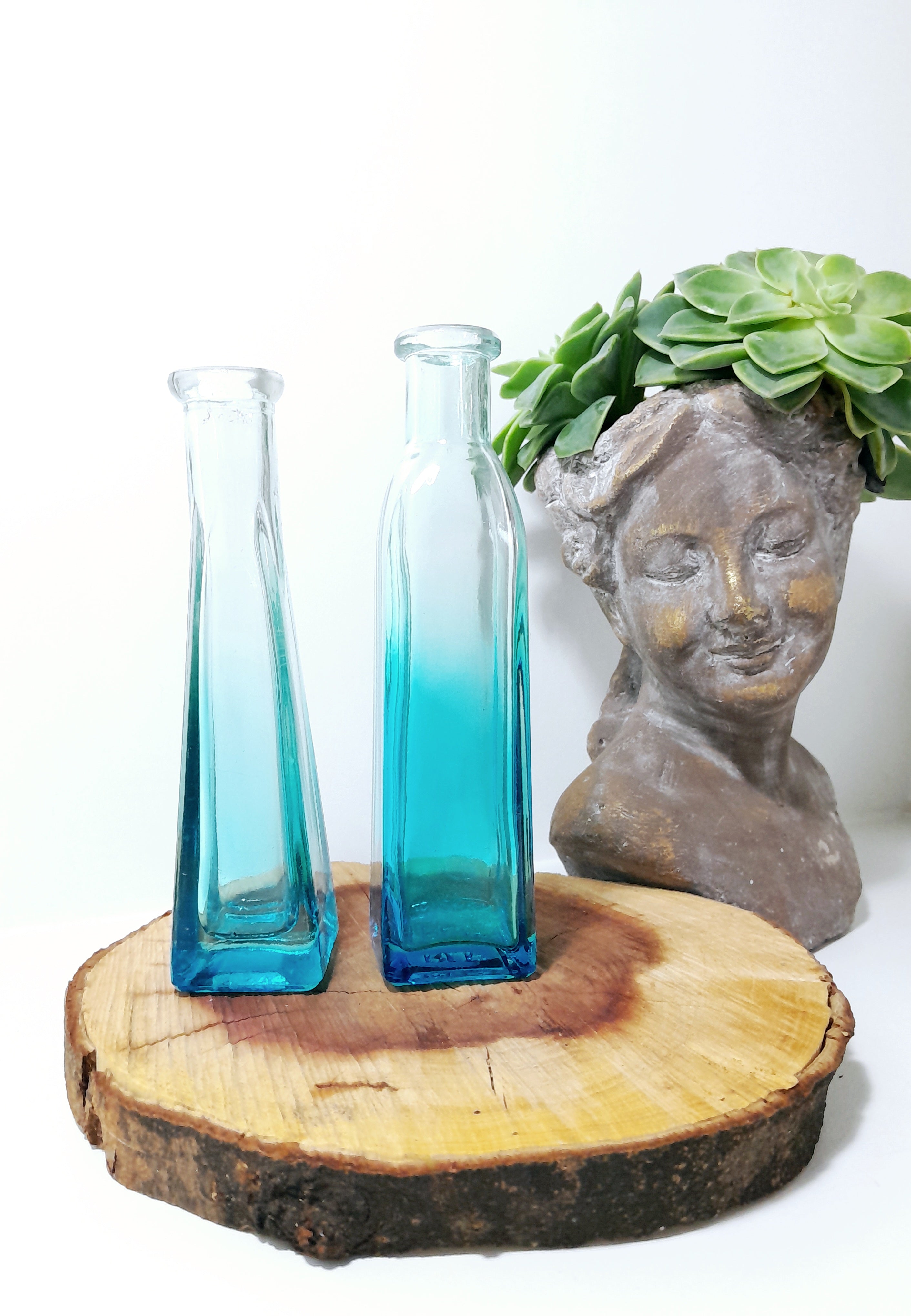 Pair Of Small Ombré Blue Glass Bottle Bud Vases