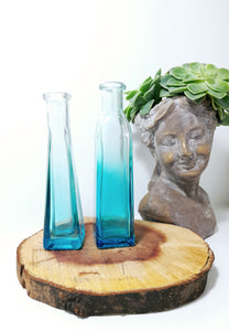 Pair Of Small Ombré Blue Glass Bottle Bud Vases