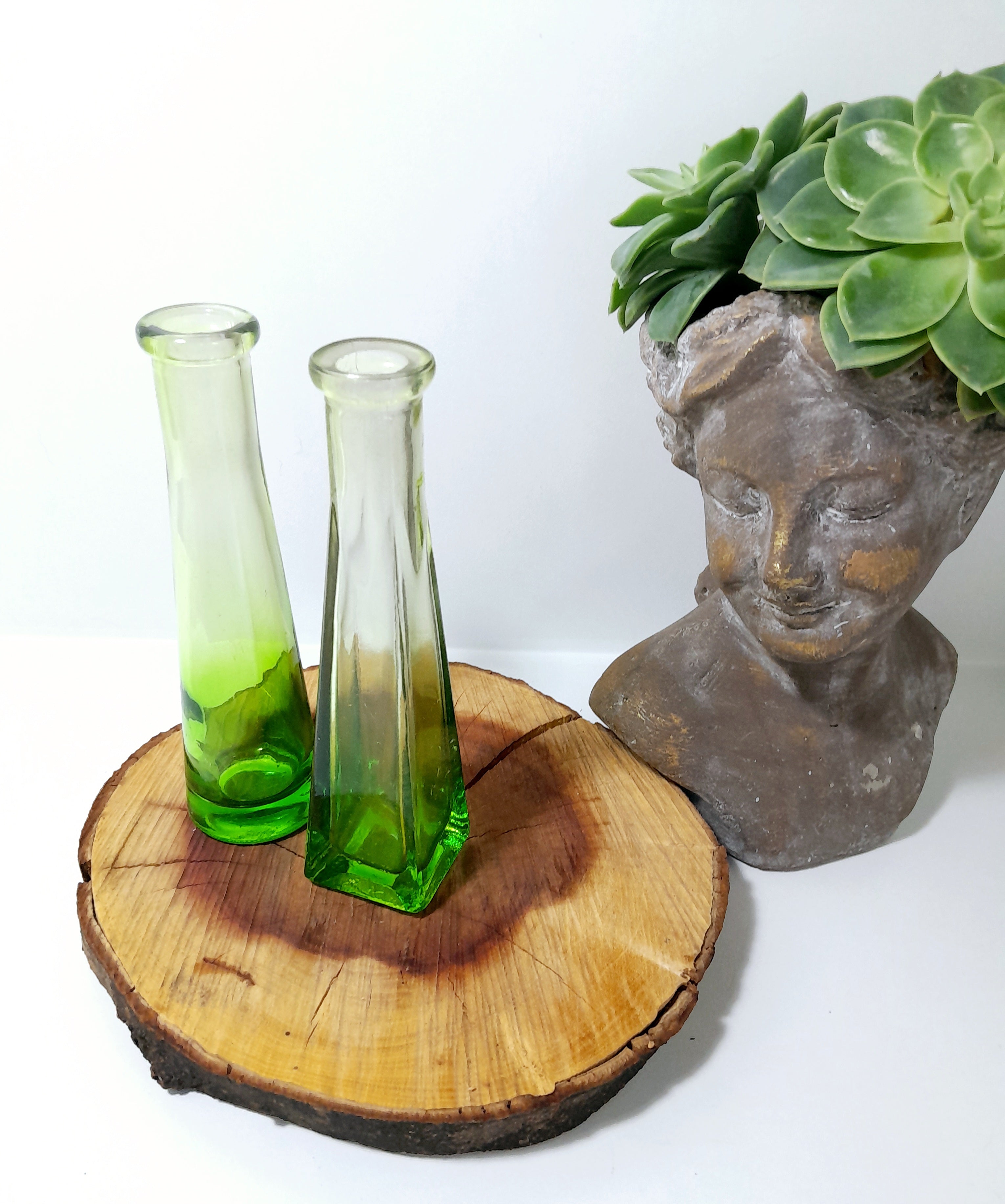 Pair Of Small Ombré Green Glass Bottle Bud Vases
