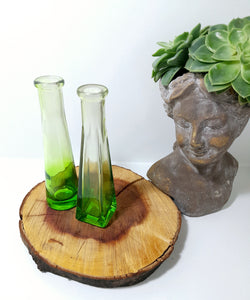 Pair Of Small Ombré Green Glass Bottle Bud Vases