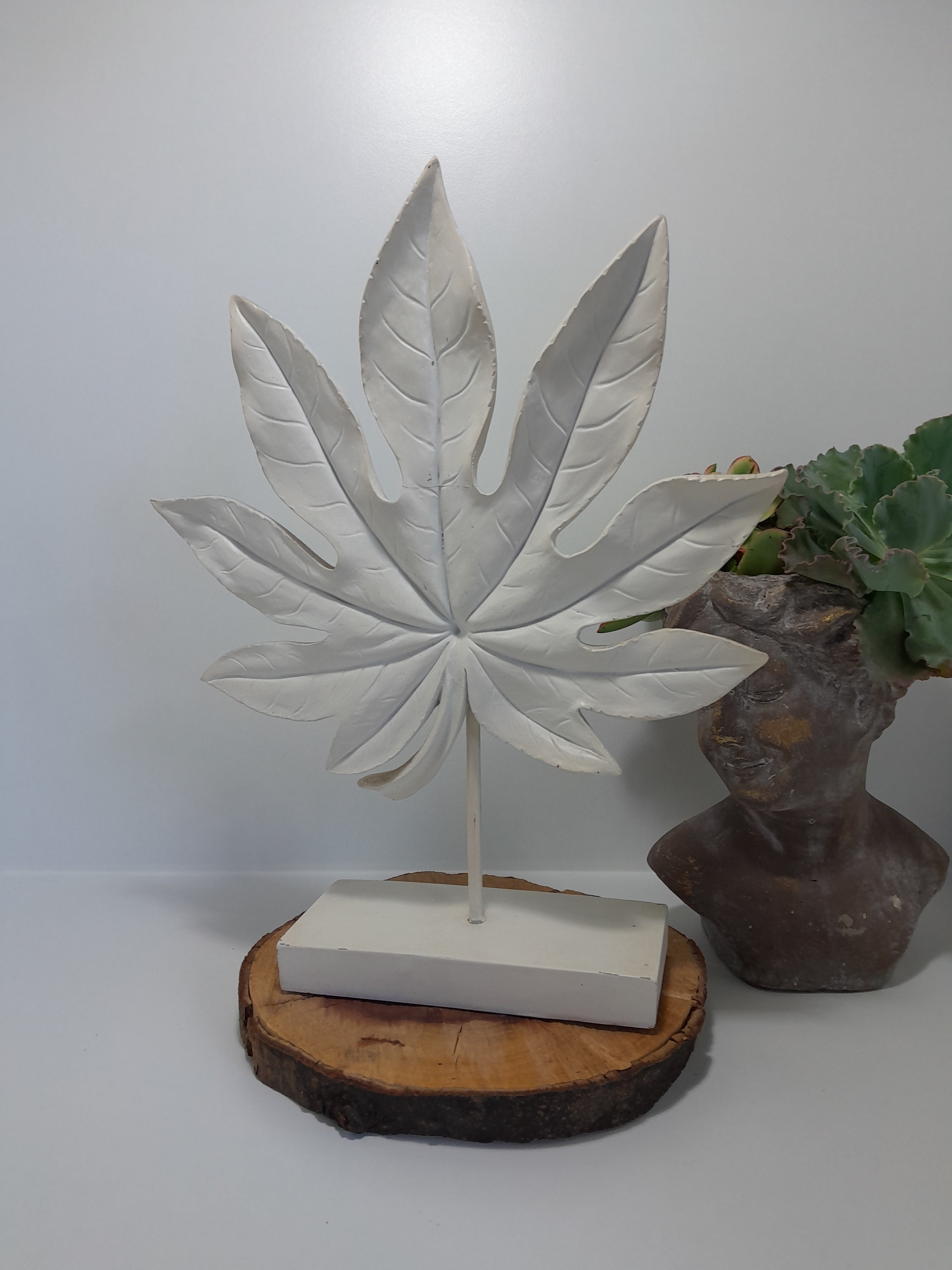 White Resin Carved Leaf Sculpture on a Stand - Home Decor
