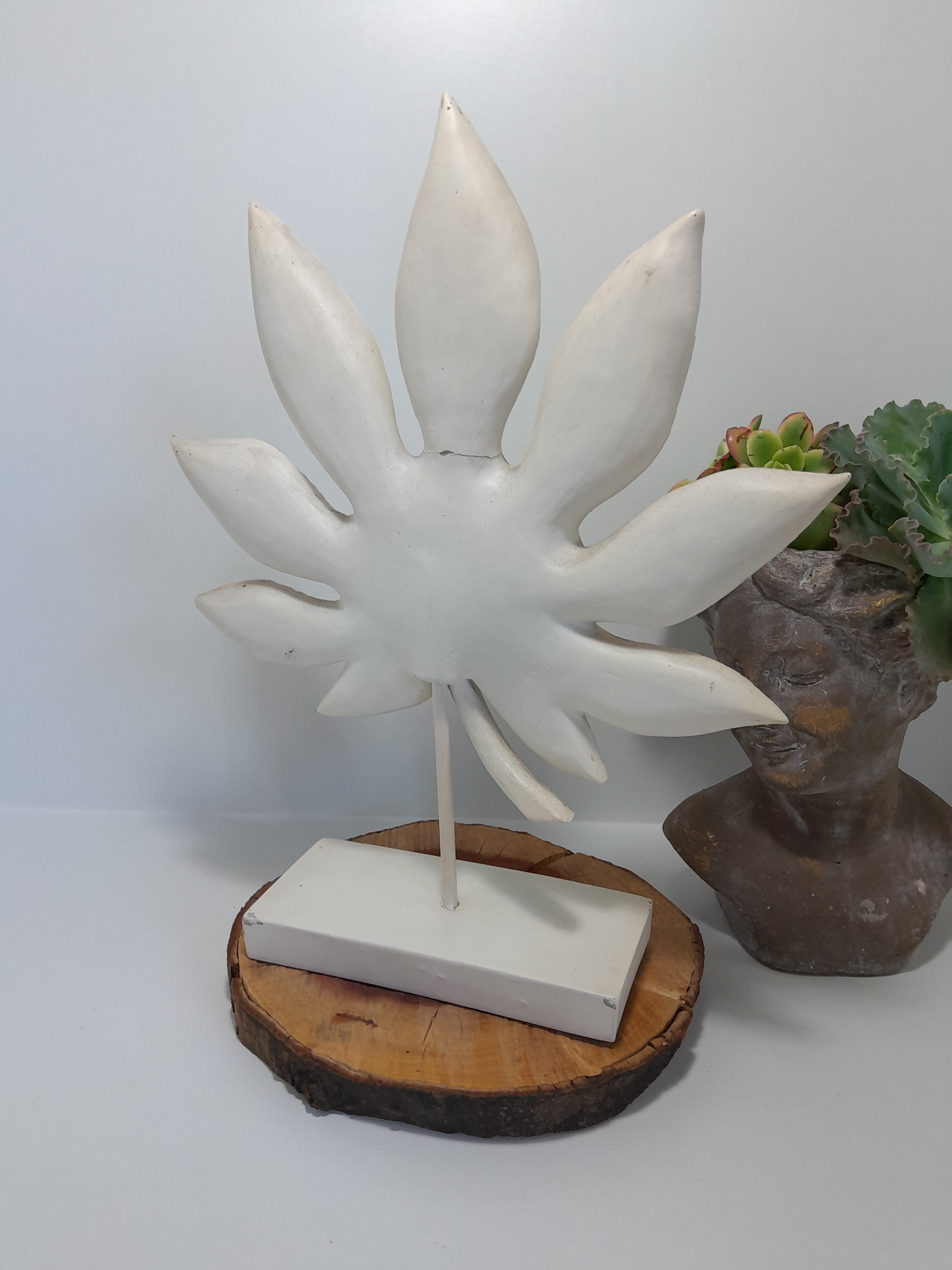 White Resin Carved Leaf Sculpture on a Stand - Home Decor
