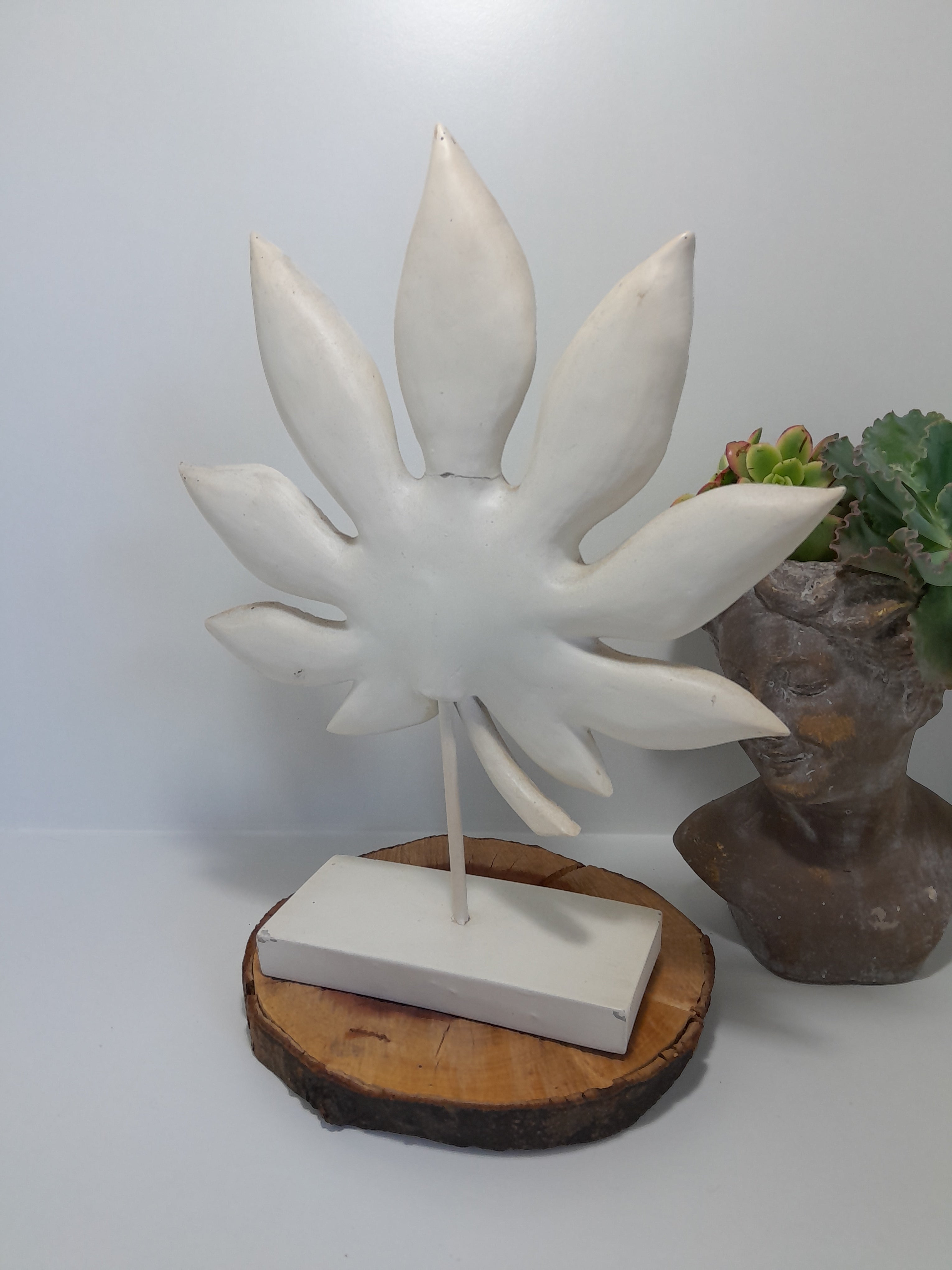 White Resin Carved Leaf Sculpture on a Stand - Home Decor