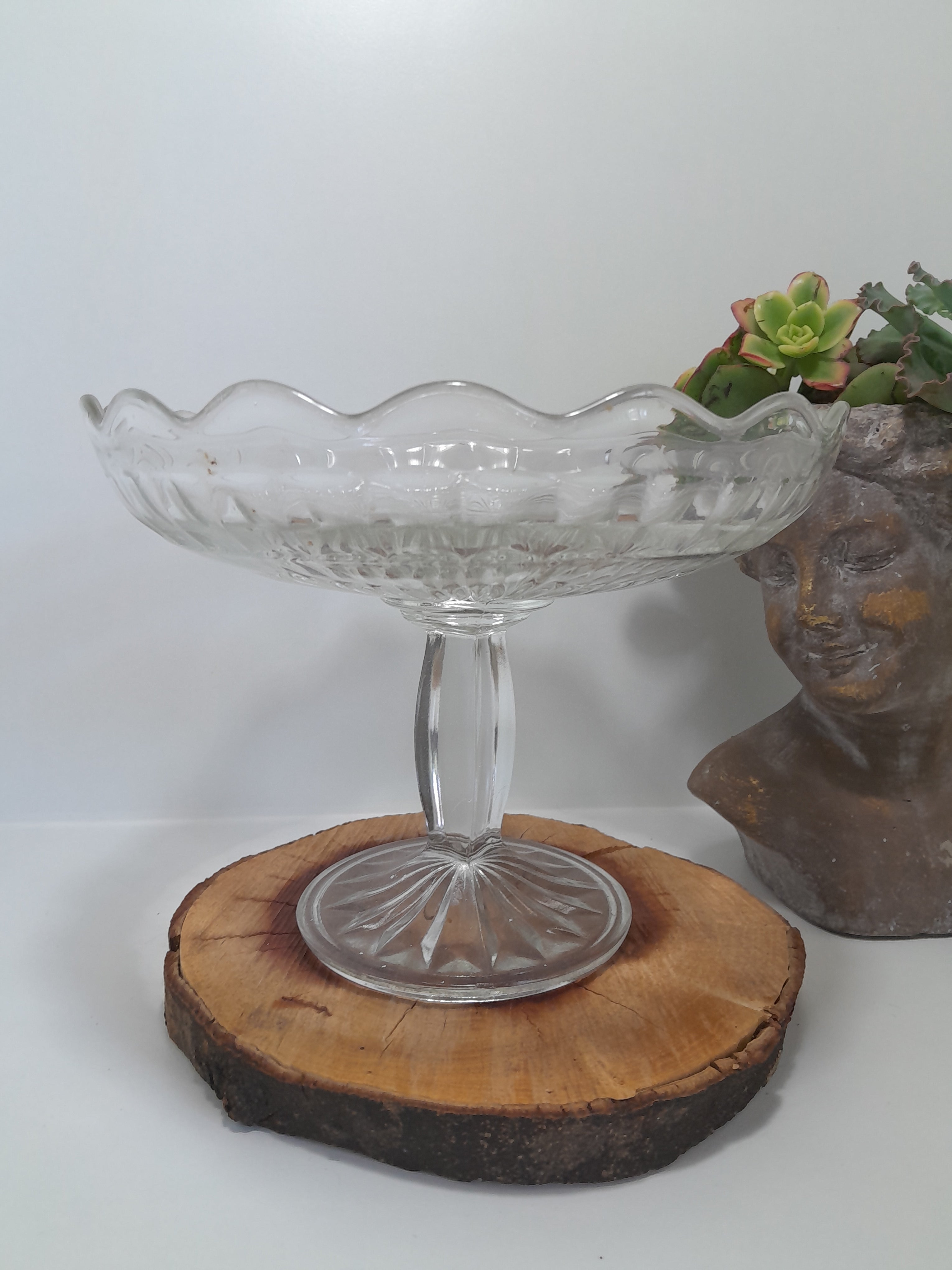 Vintage Clear Pressed Glass Pedestal Plate / Bowl
