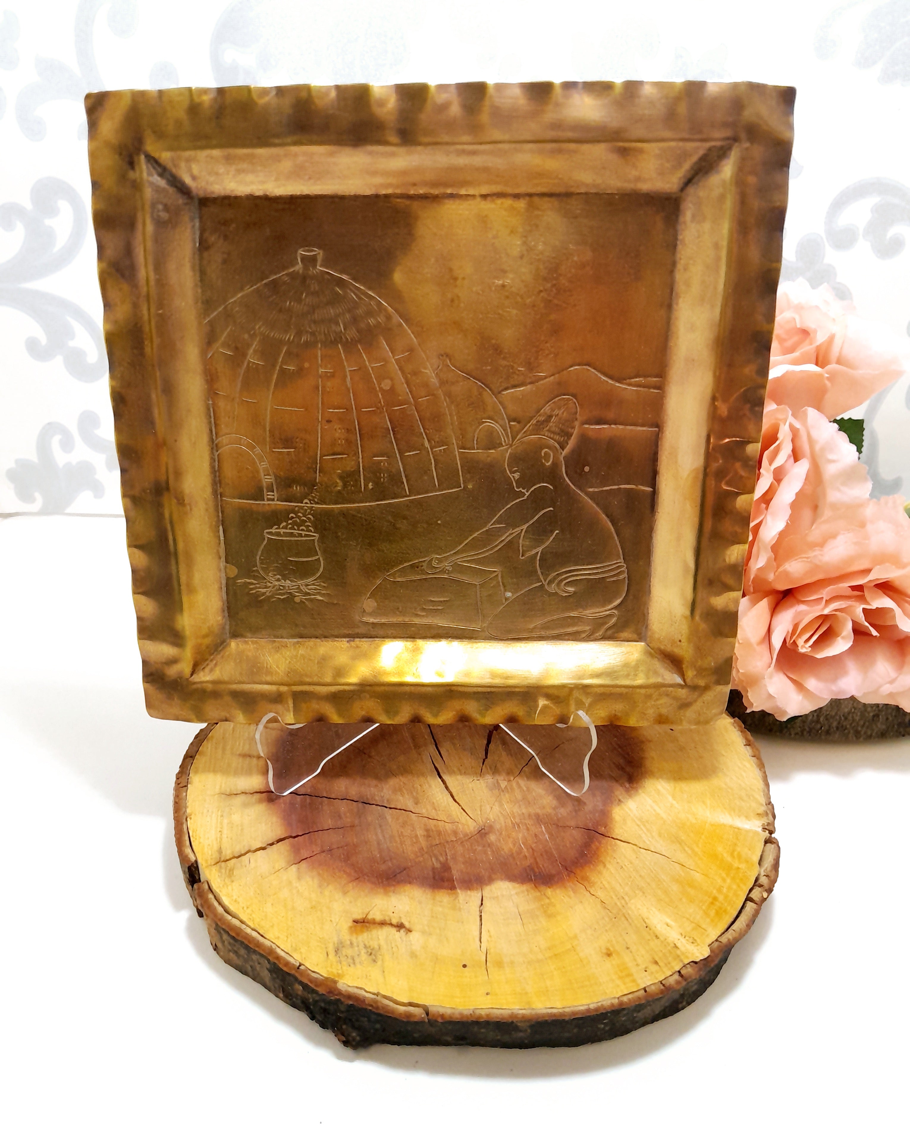 Vintage Square Handcrafted Brass Tray With African Etching