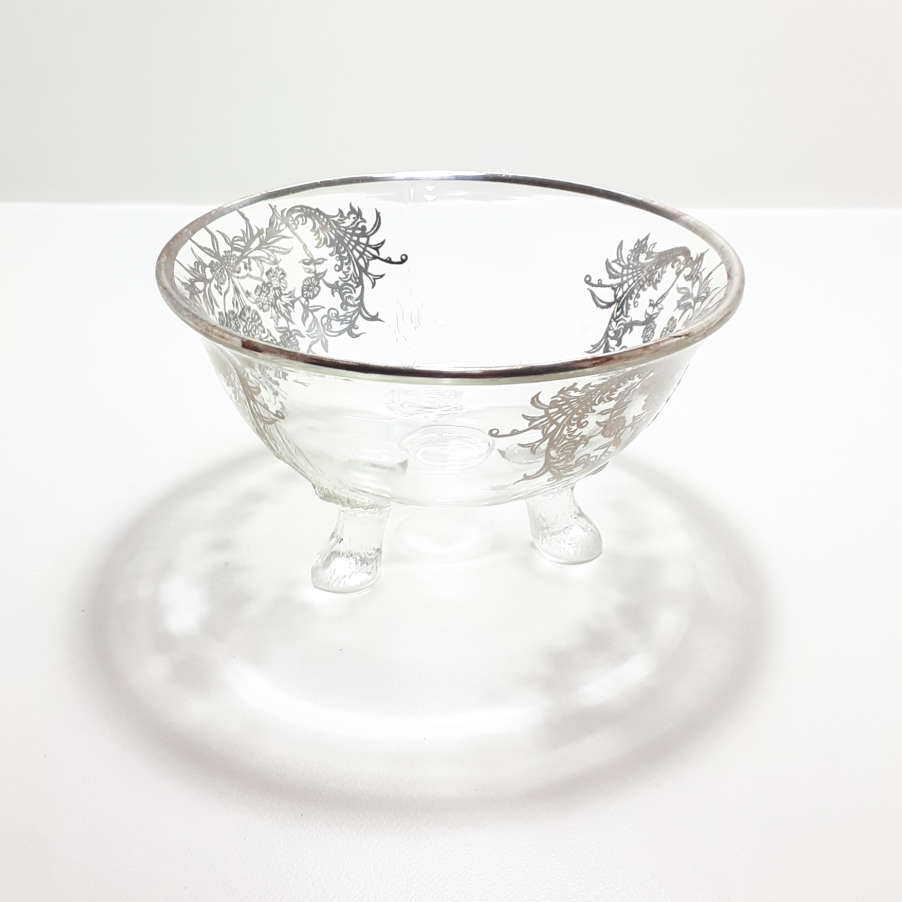 Three Footed Glass Bowl (Possibly 1920’s) With Silver Inlay and Rim
