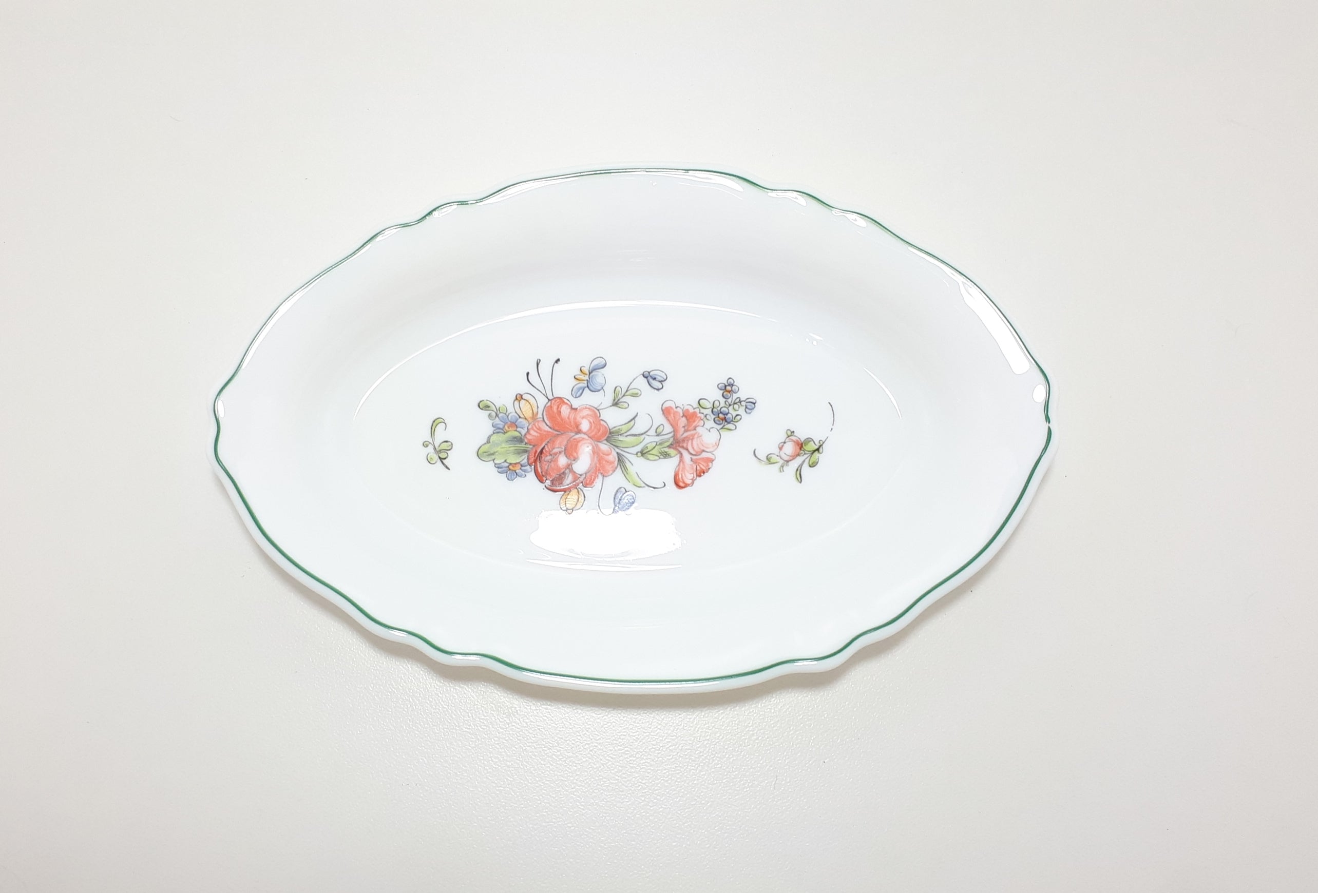 Vintage French Arcopal Milk Glass Snack / Relish Dish With Green Trim