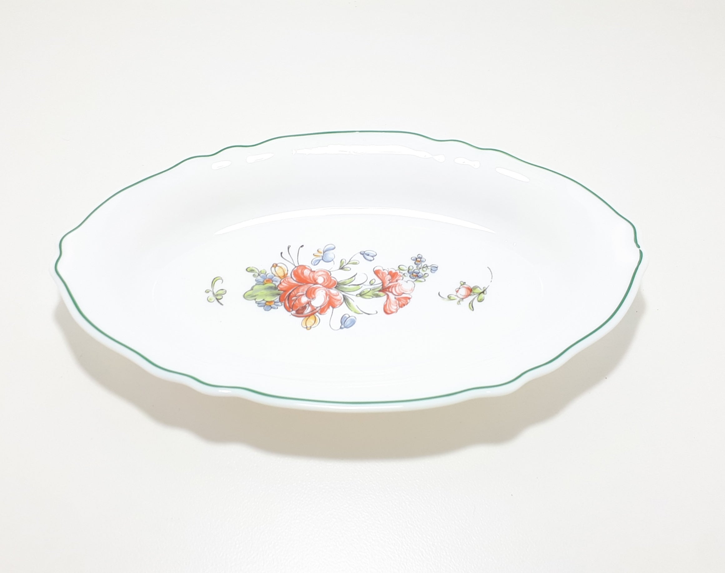 Vintage French Arcopal Milk Glass Snack / Relish Dish With Green Trim