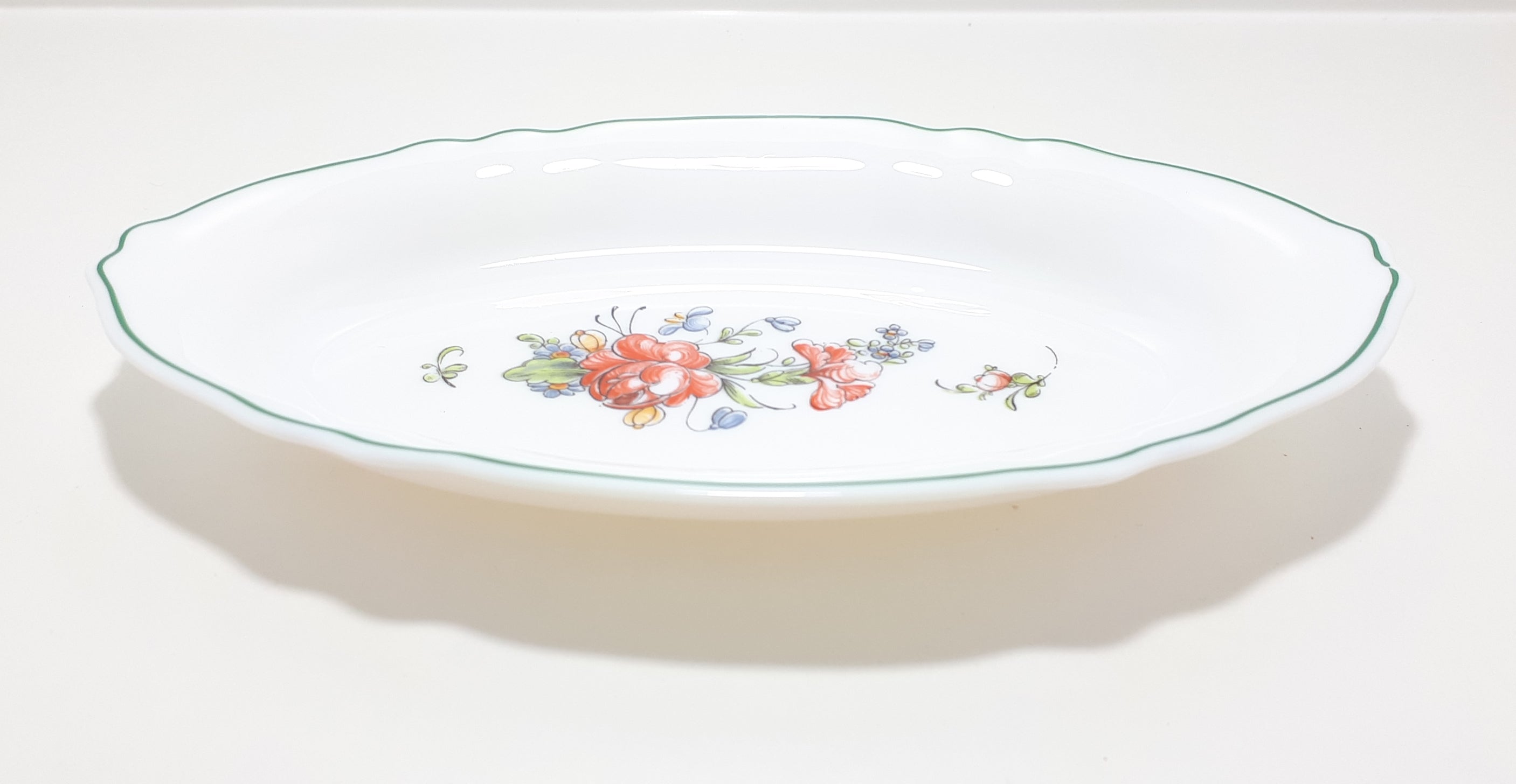 Vintage French Arcopal Milk Glass Snack / Relish Dish With Green Trim