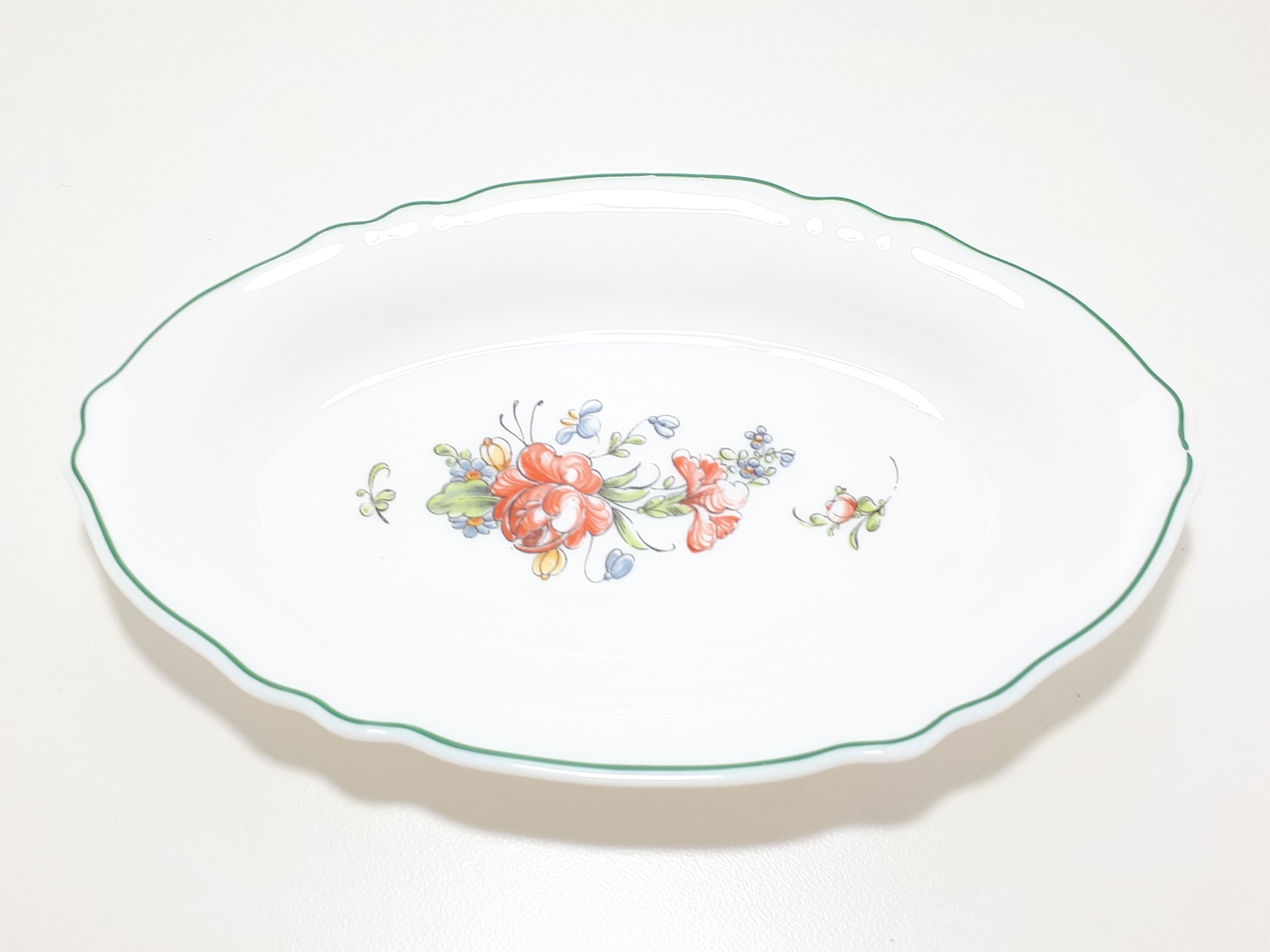 Vintage French Arcopal Milk Glass Snack / Relish Dish With Green Trim