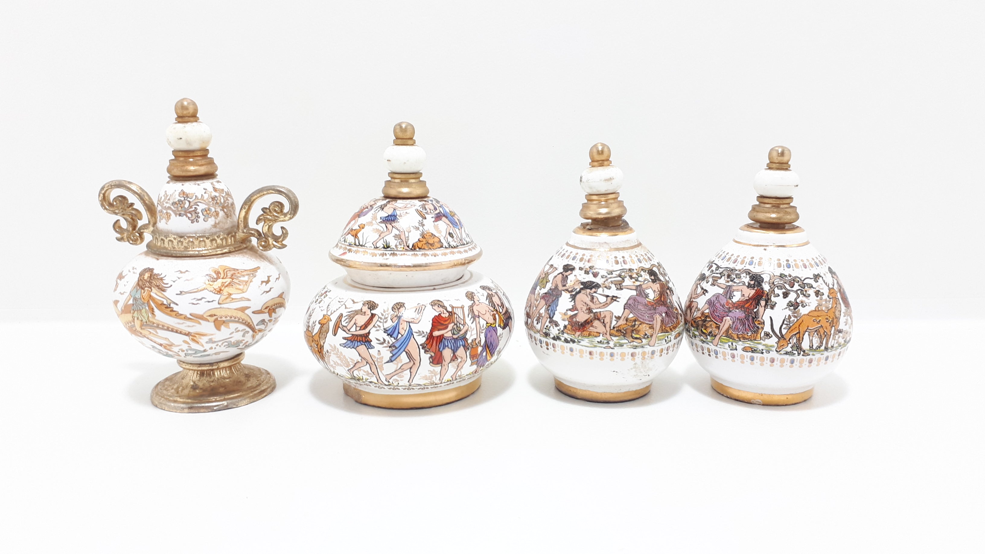 Rare Collectable Set of Miniature Greek "Venus" Handmade Porcelain & Brass Perfume Bottles