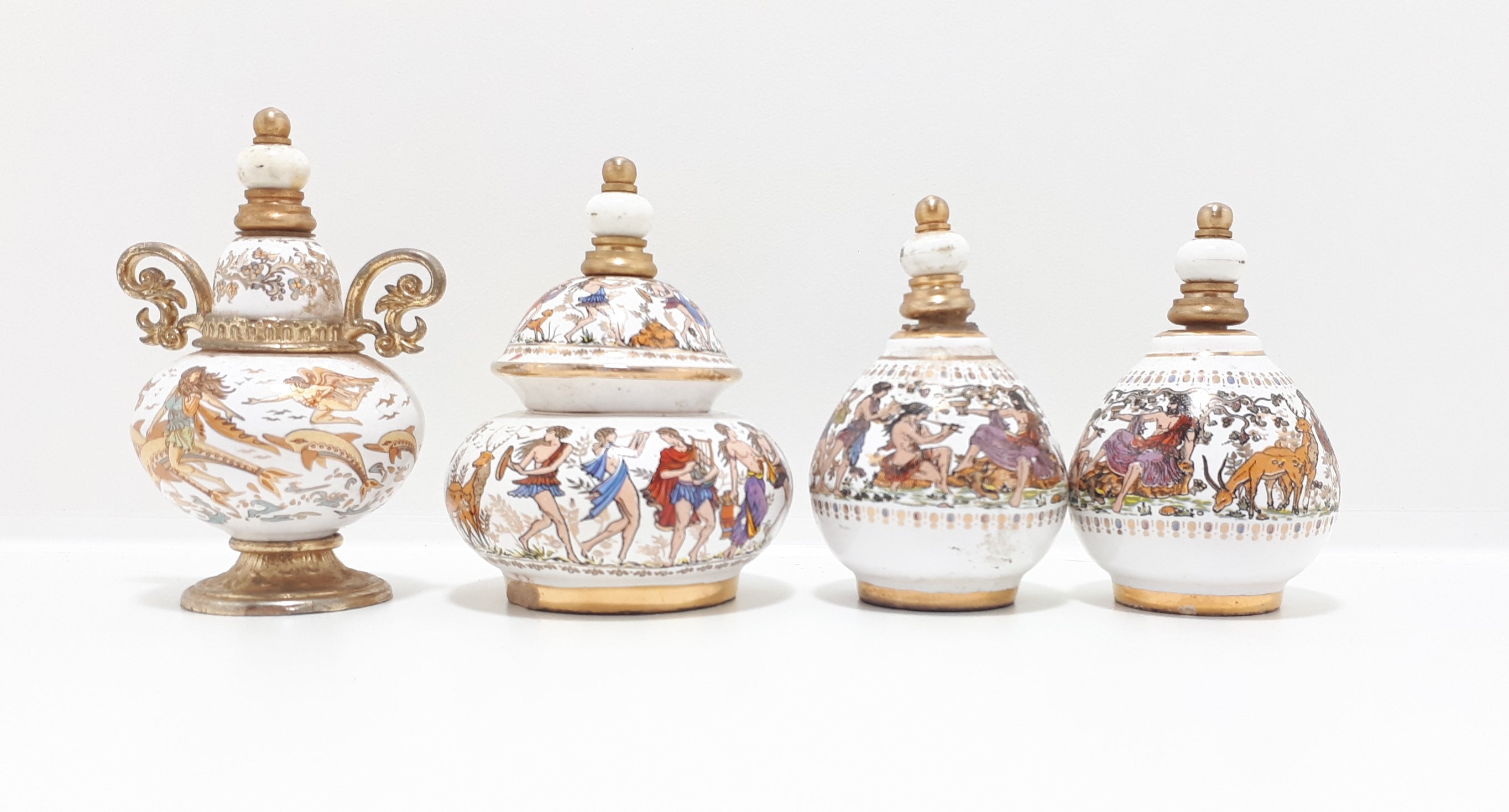 Rare Collectable Set of Miniature Greek "Venus" Handmade Porcelain & Brass Perfume Bottles