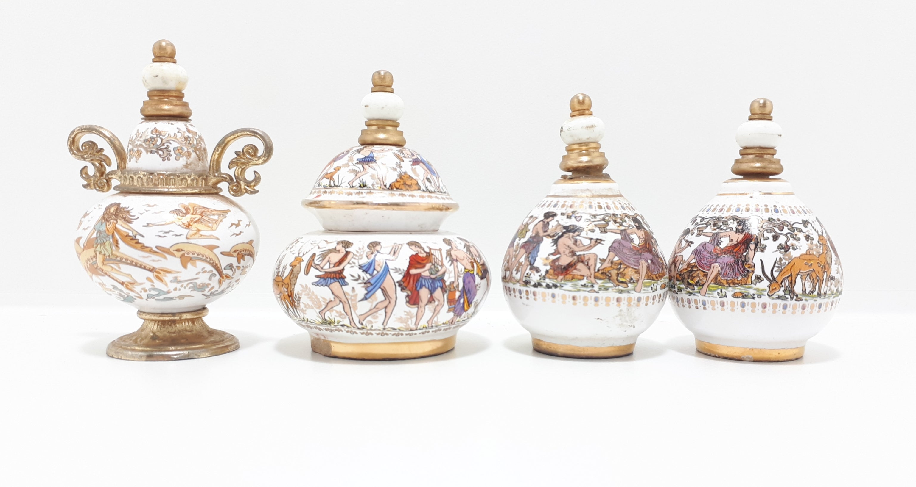 Rare Collectable Set of Miniature Greek "Venus" Handmade Porcelain & Brass Perfume Bottles