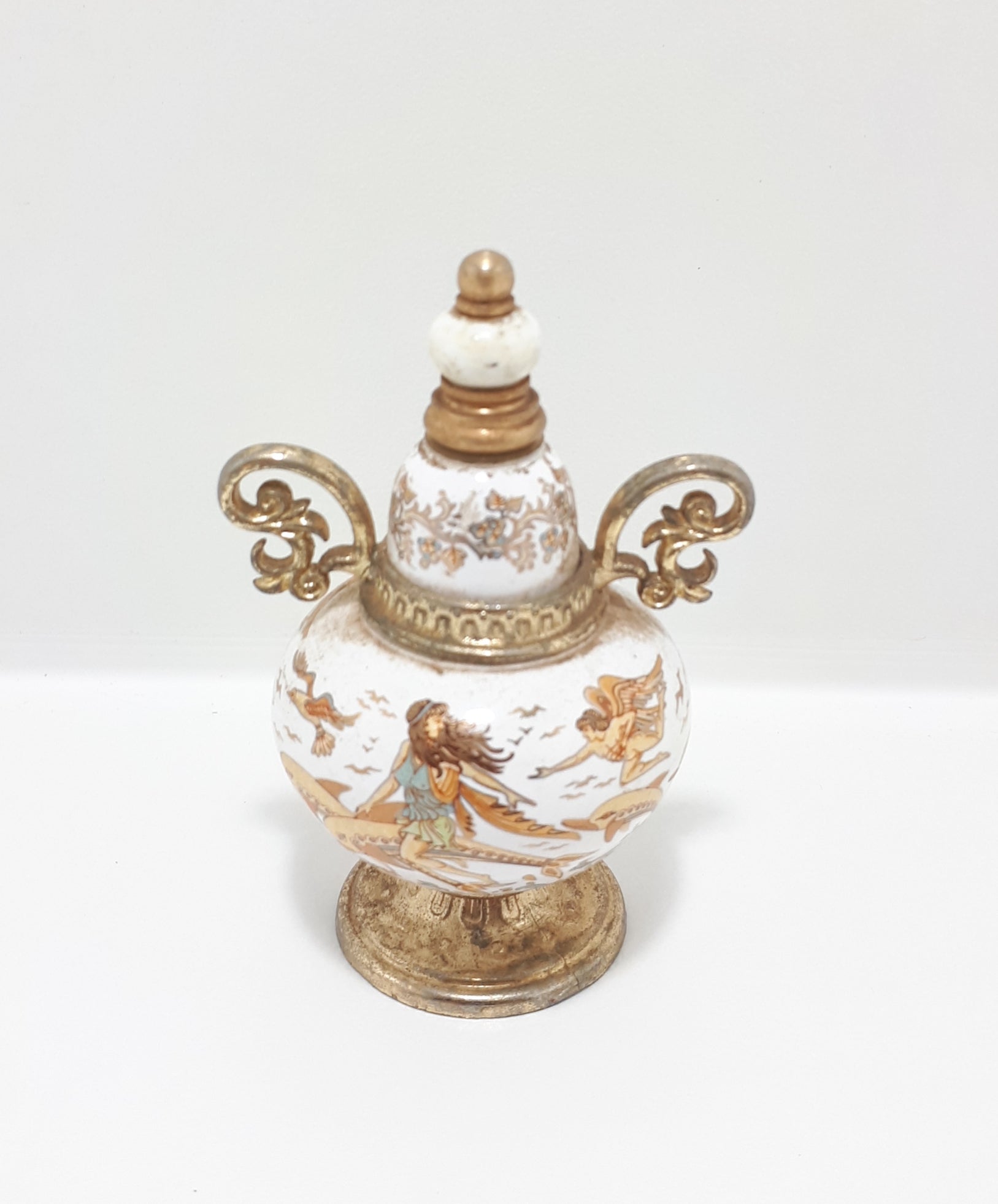 Rare Collectable Set of Miniature Greek "Venus" Handmade Porcelain & Brass Perfume Bottles
