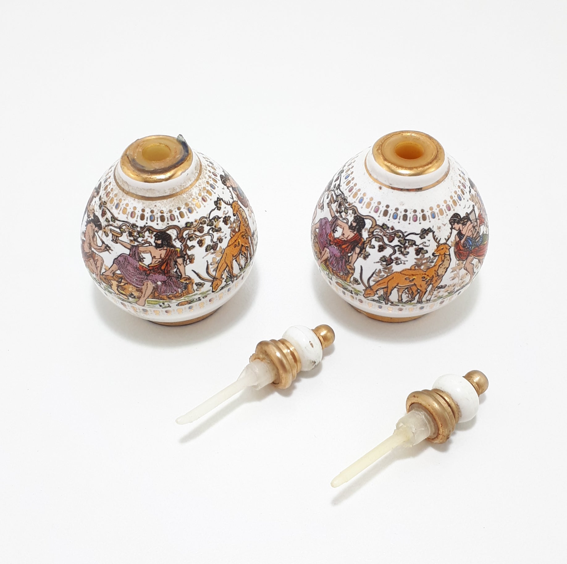 Rare Collectable Set of Miniature Greek "Venus" Handmade Porcelain & Brass Perfume Bottles