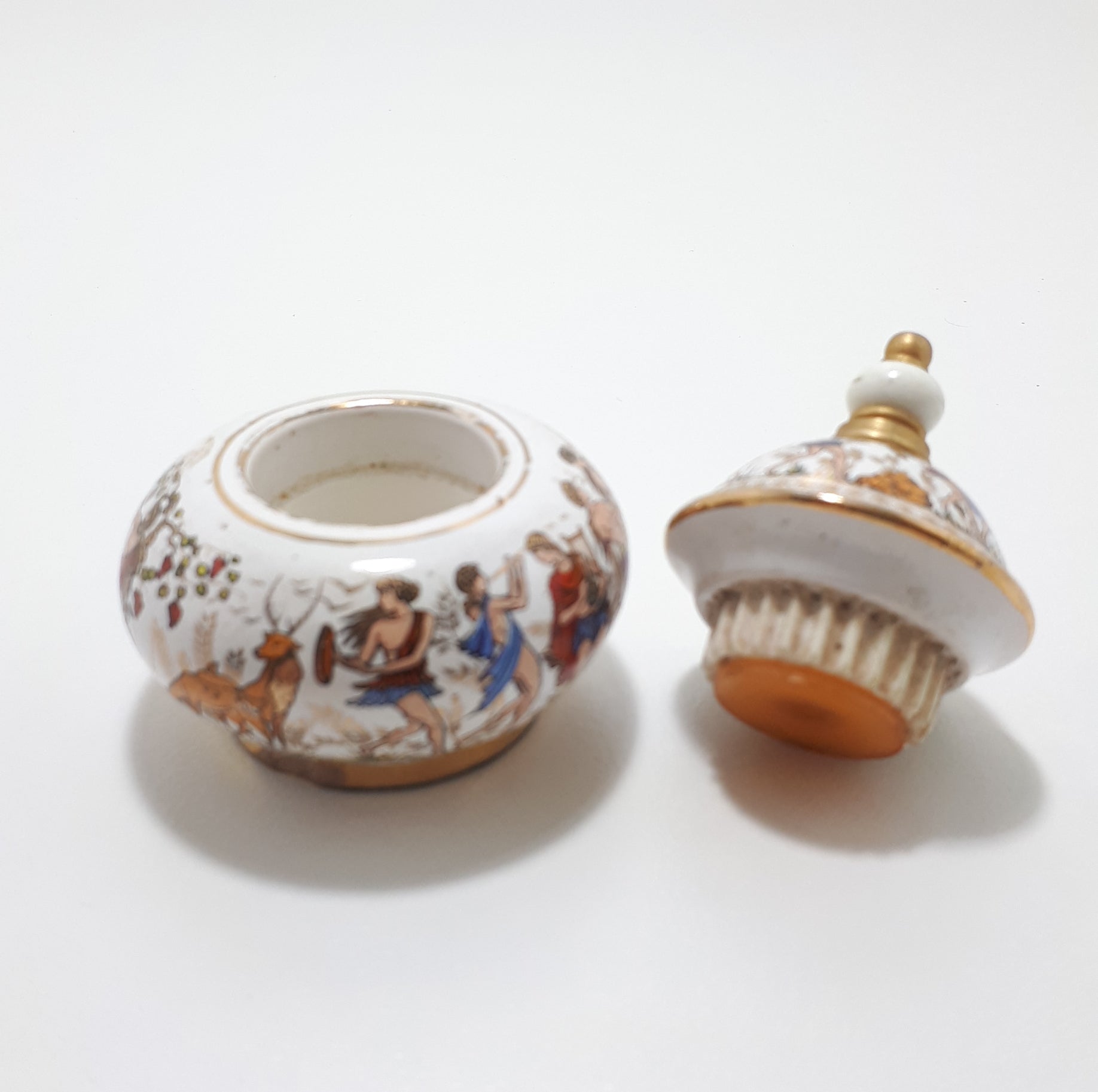 Rare Collectable Set of Miniature Greek "Venus" Handmade Porcelain & Brass Perfume Bottles