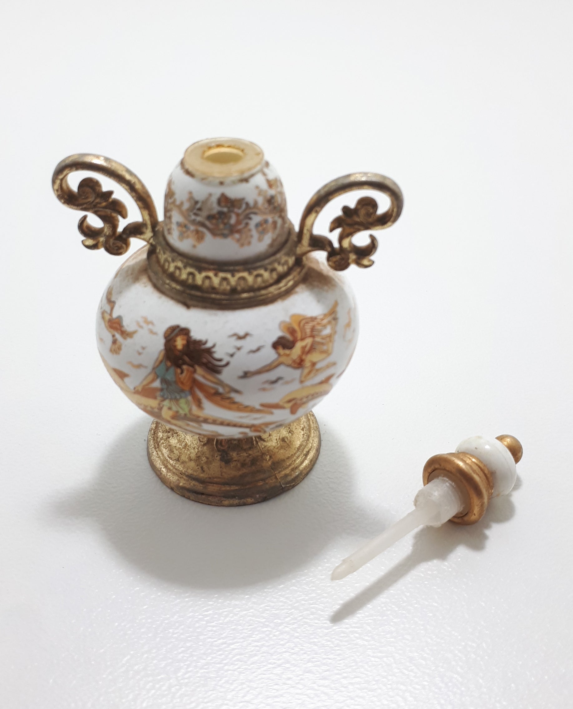 Rare Collectable Set of Miniature Greek "Venus" Handmade Porcelain & Brass Perfume Bottles