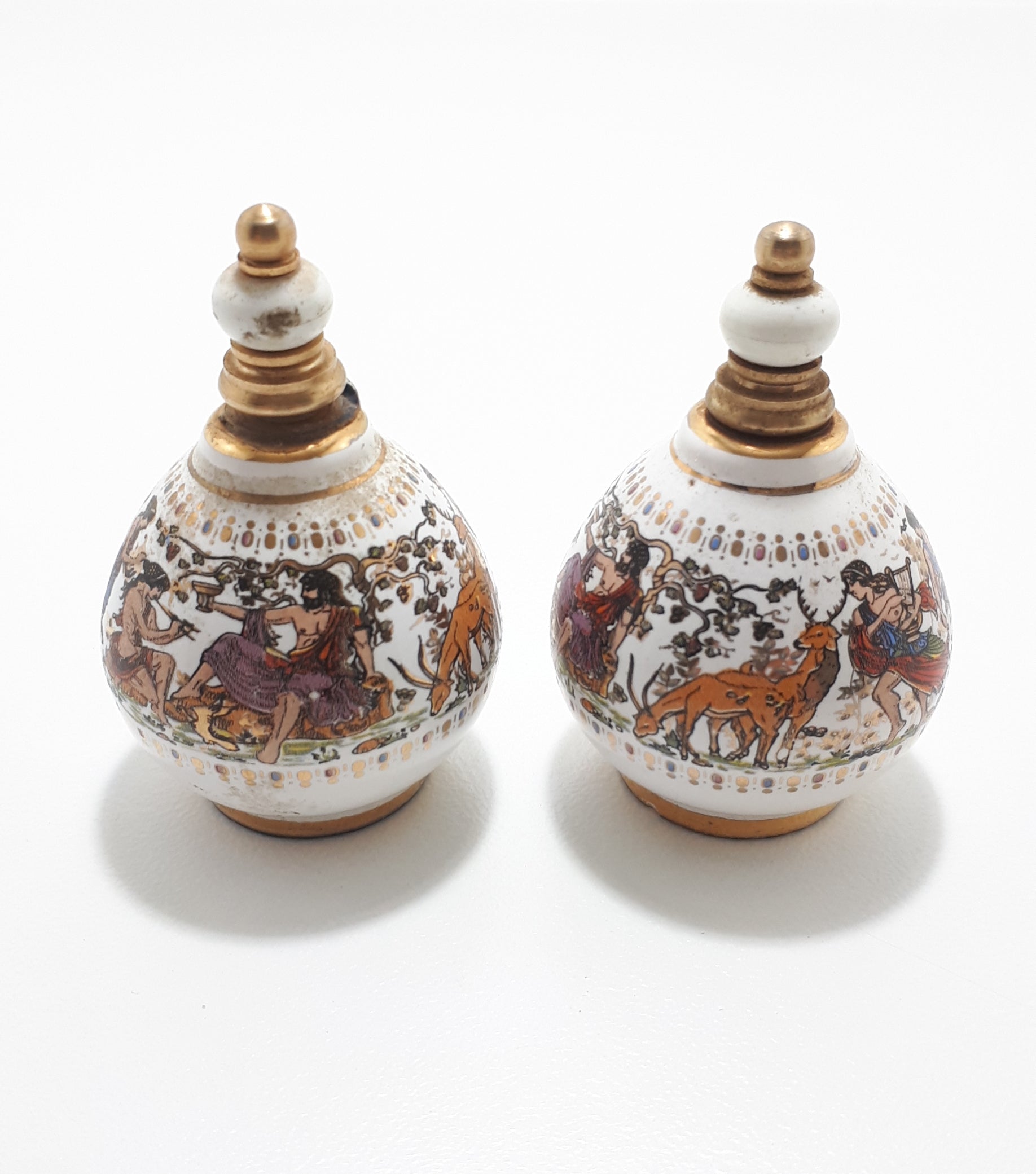 Rare Collectable Set of Miniature Greek "Venus" Handmade Porcelain & Brass Perfume Bottles