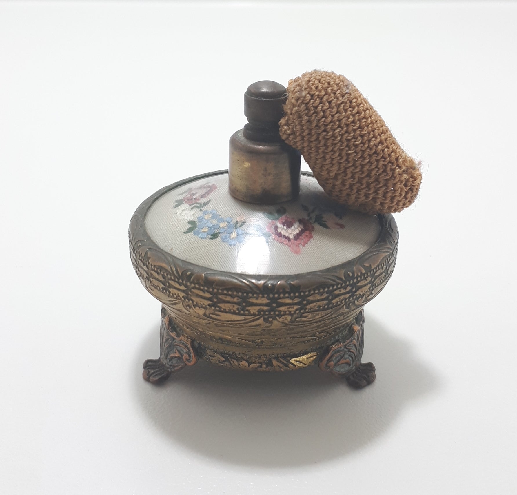 Rare Antique French Renaissance Styled Brass Footed Perfume Atomizer With Embroidered Silk Insert