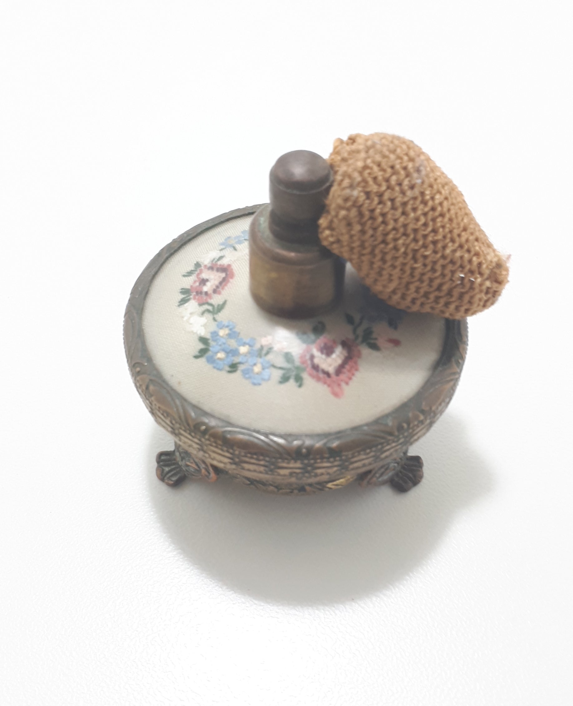 Rare Antique French Renaissance Styled Brass Footed Perfume Atomizer With Embroidered Silk Insert