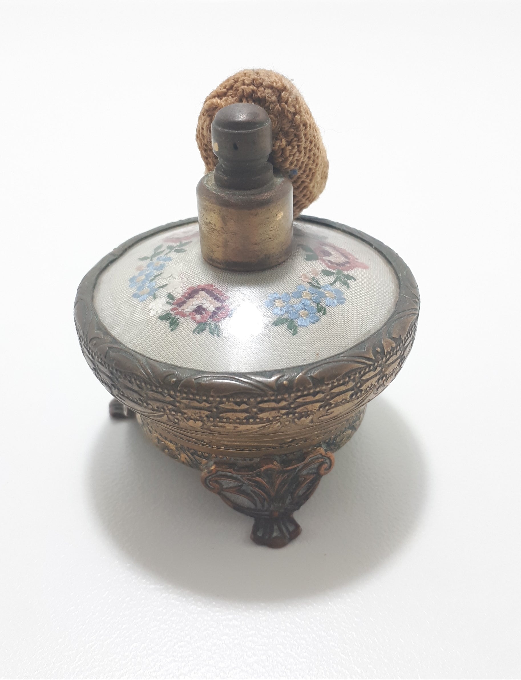Rare Antique French Renaissance Styled Brass Footed Perfume Atomizer With Embroidered Silk Insert