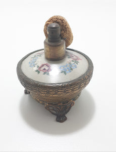 Rare Antique French Renaissance Styled Brass Footed Perfume Atomizer With Embroidered Silk Insert