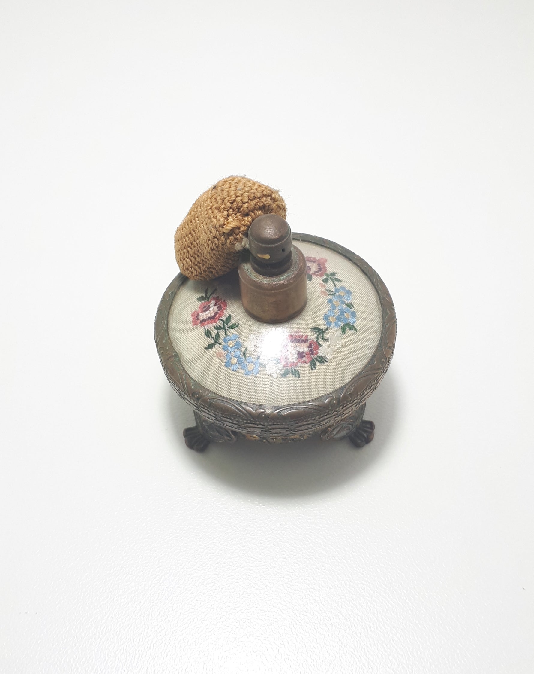 Rare Antique French Renaissance Styled Brass Footed Perfume Atomizer With Embroidered Silk Insert