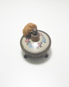 Rare Antique French Renaissance Styled Brass Footed Perfume Atomizer With Embroidered Silk Insert