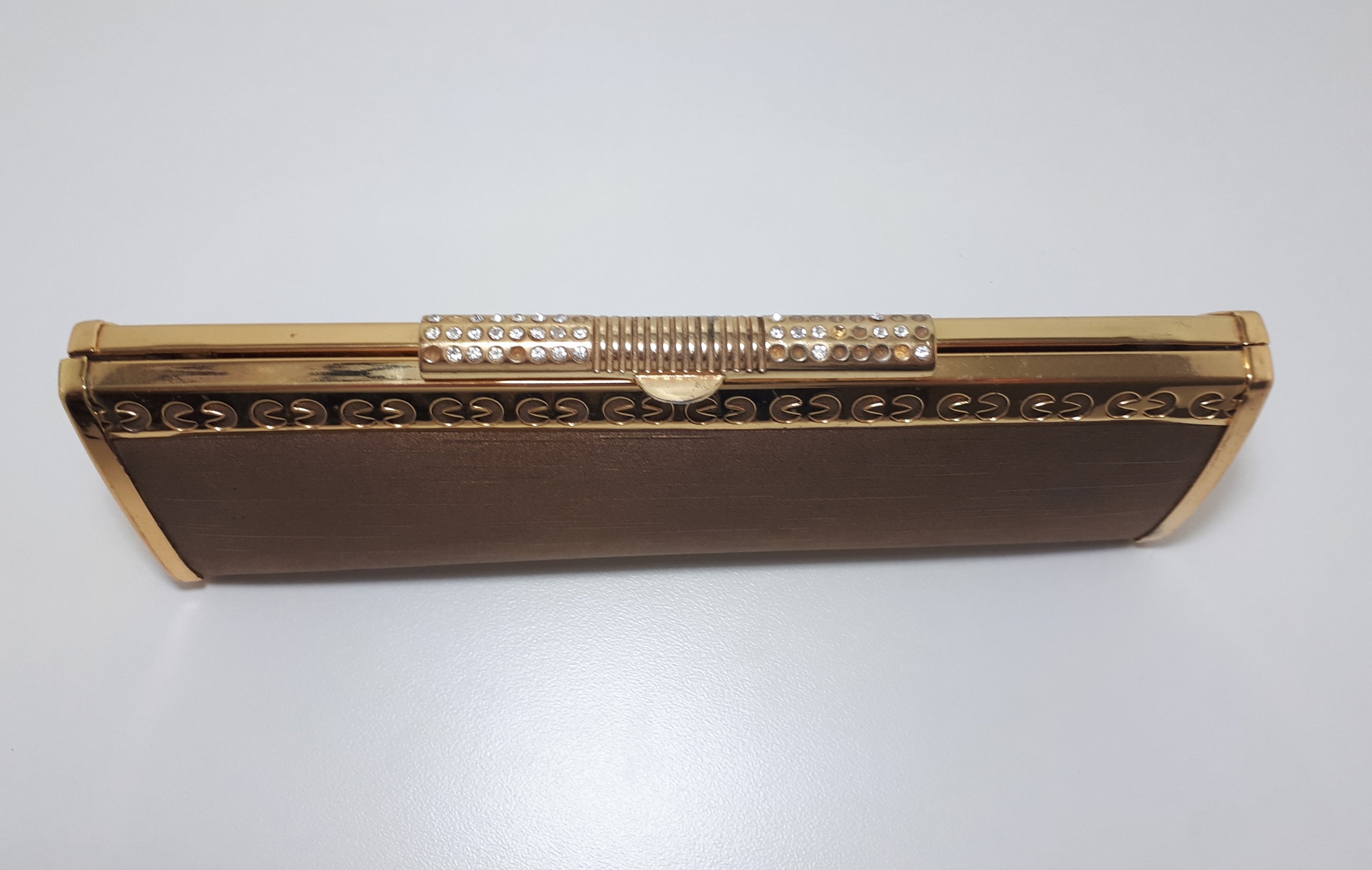 Vintage Gold Metal Framed Satin Textile Clad Ladies Long Clutch Purse