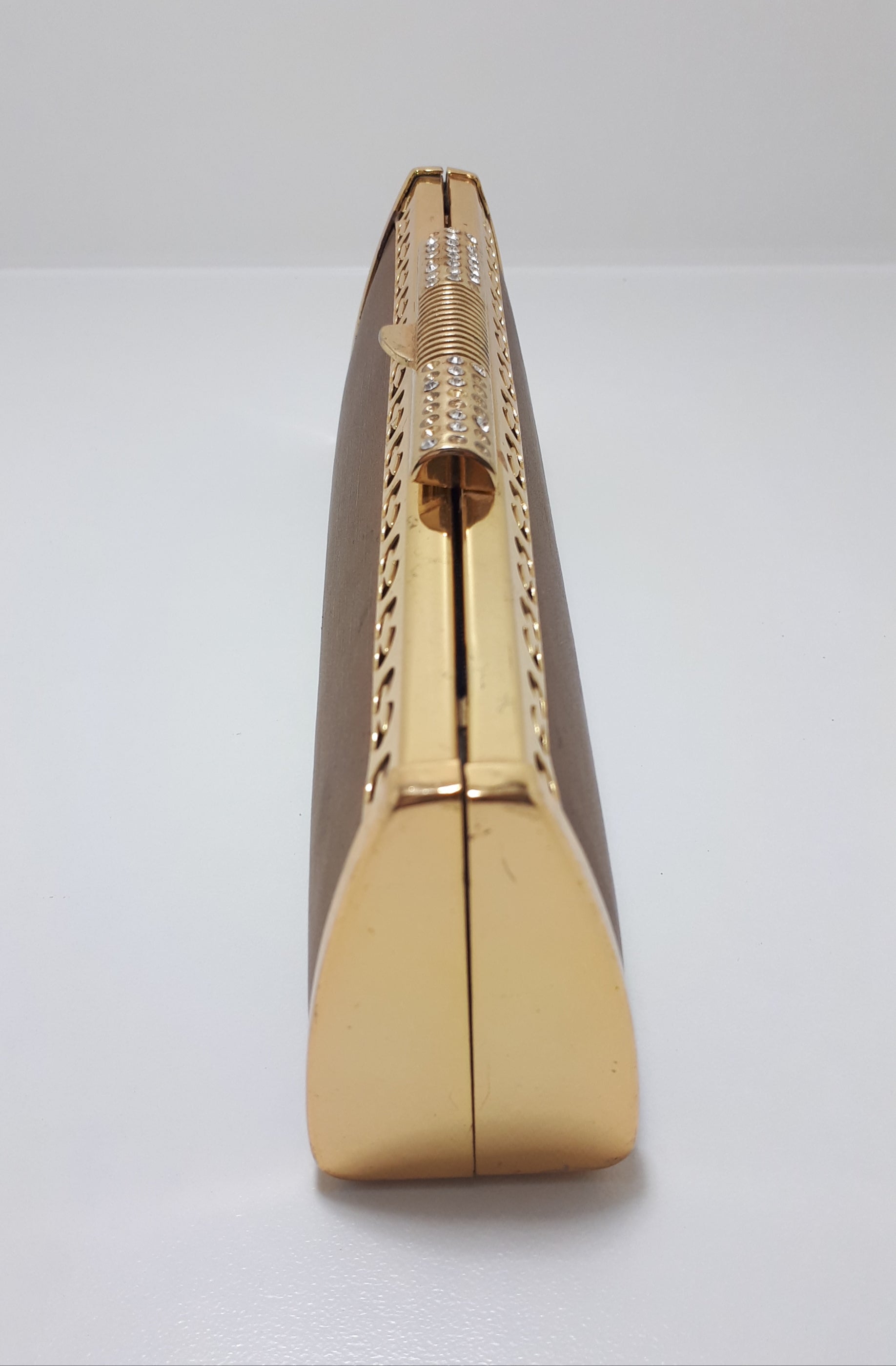 Vintage Gold Metal Framed Satin Textile Clad Ladies Long Clutch Purse