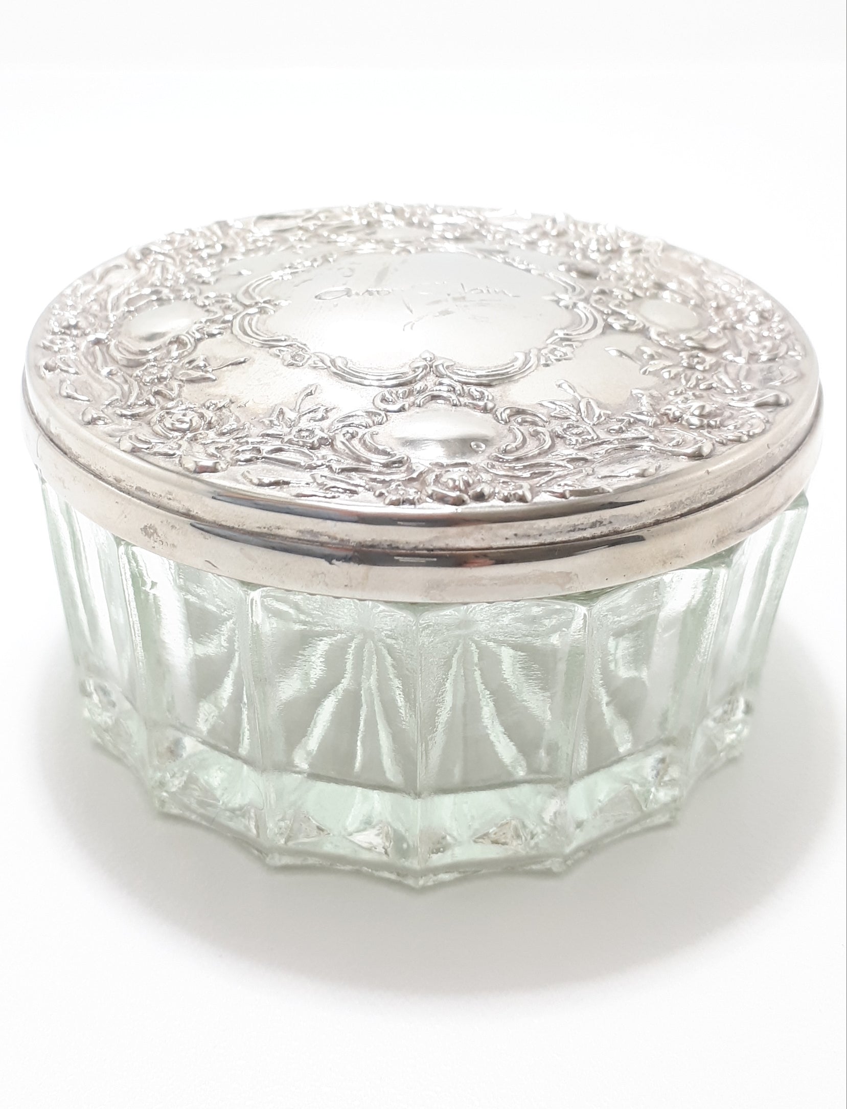 Rare Vintage Avroy Shlain Cut Glass Trinket Bowl With Embossed Silver Plated Lid