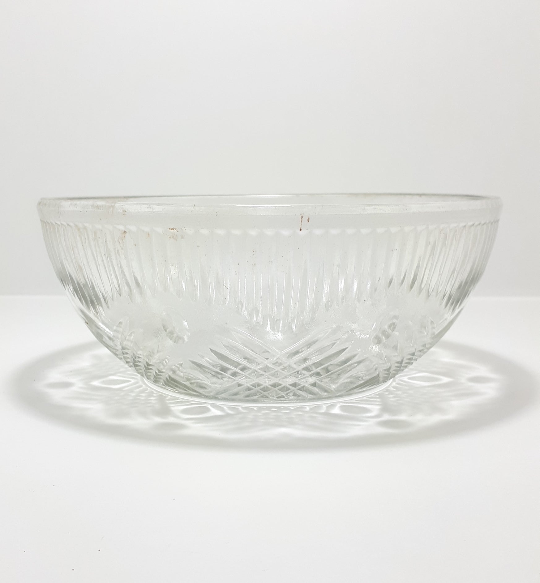 Vintage 1960-1970's Clear Glass Salad Bowl With Crosshatch & Prism Patterning