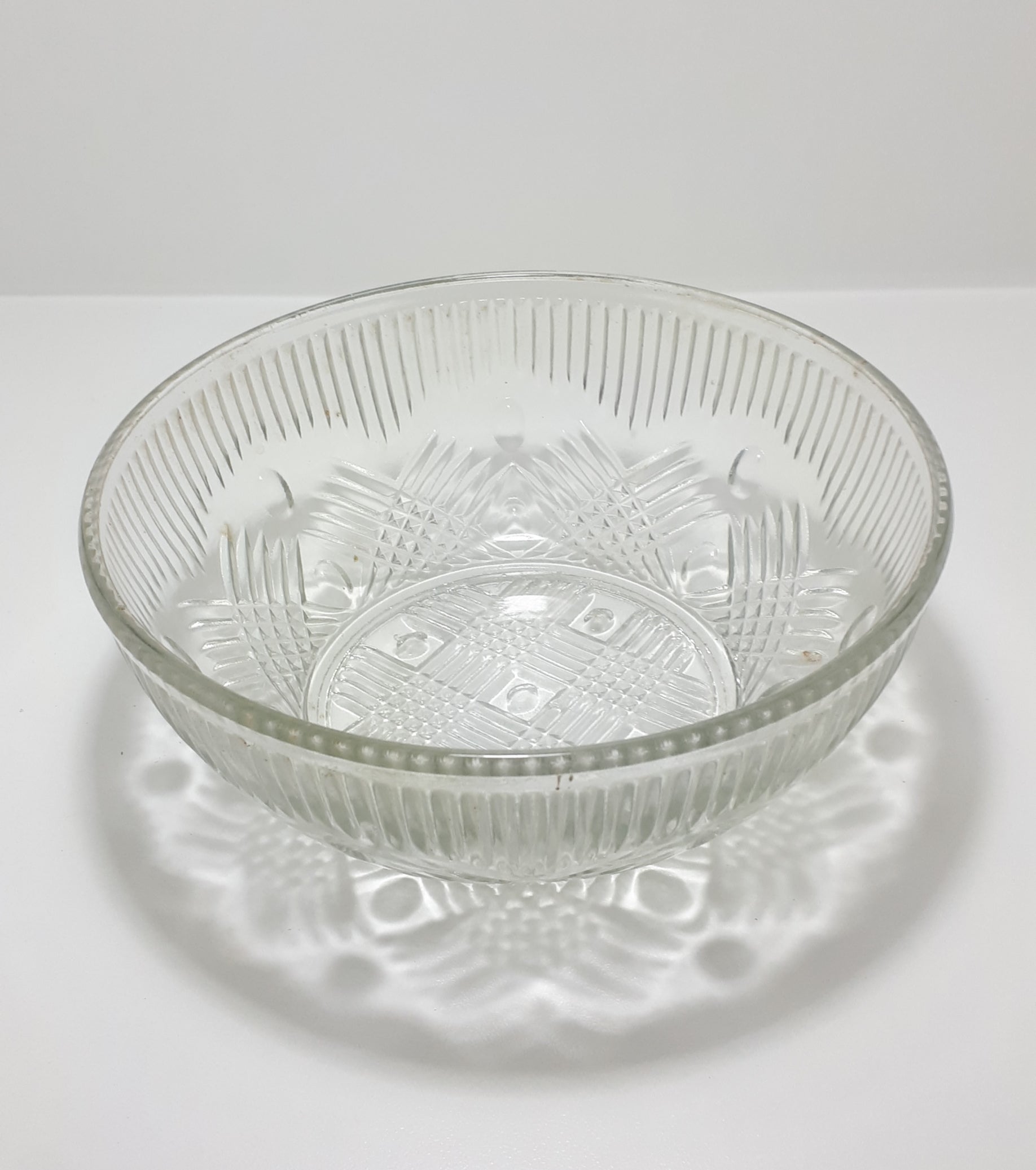 Vintage 1960-1970's Clear Glass Salad Bowl With Crosshatch & Prism Patterning
