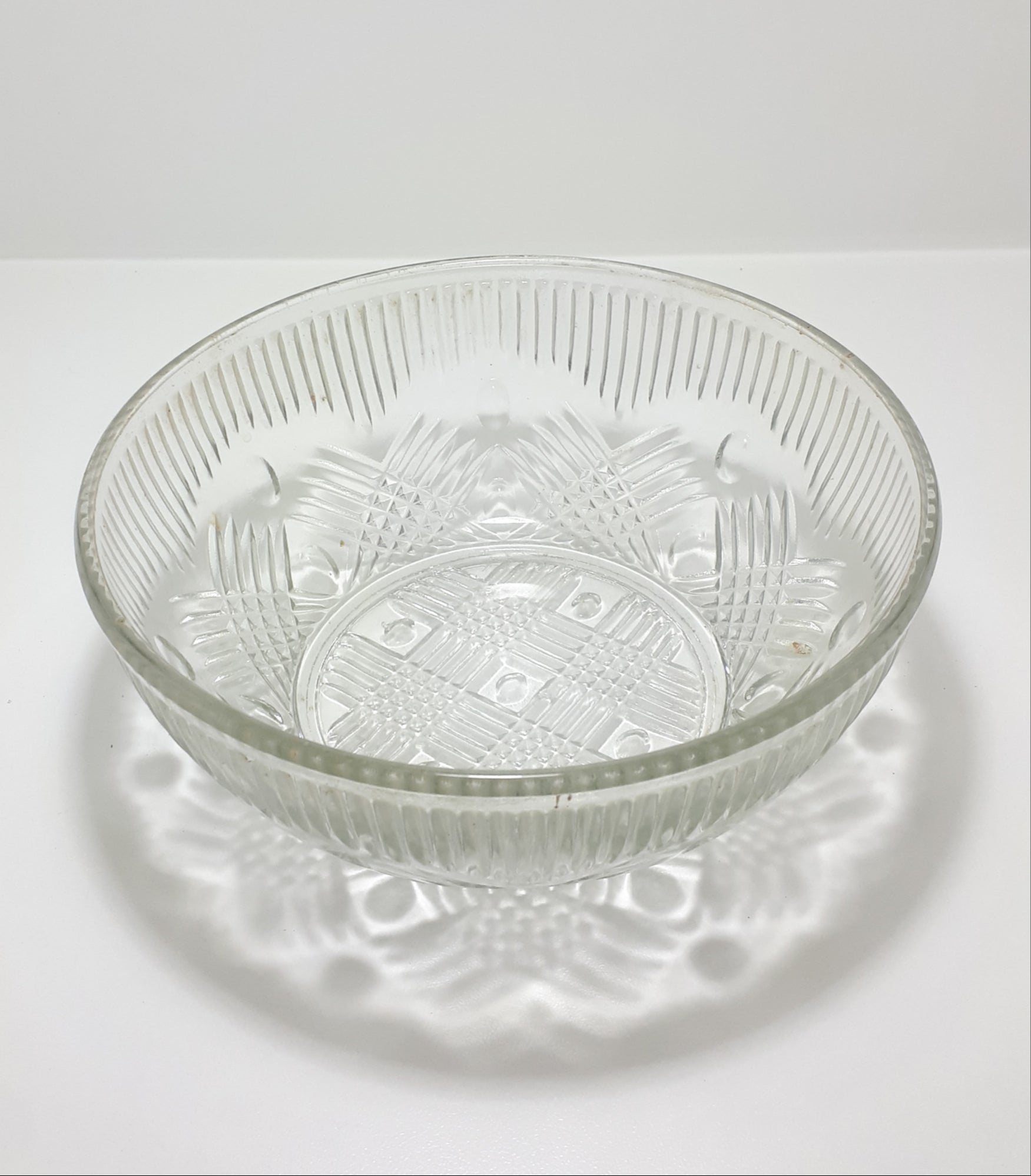 Vintage 1960-1970's Clear Glass Salad Bowl With Crosshatch & Prism Patterning