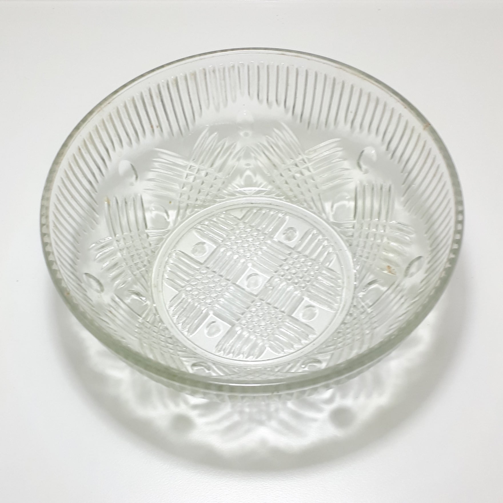 Vintage 1960-1970's Clear Glass Salad Bowl With Crosshatch & Prism Patterning
