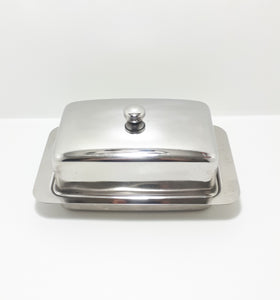 Large Vintage Rectangular Shaped Stainless Steel Butter Dish With Lid