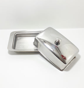 Large Vintage Rectangular Shaped Stainless Steel Butter Dish With Lid