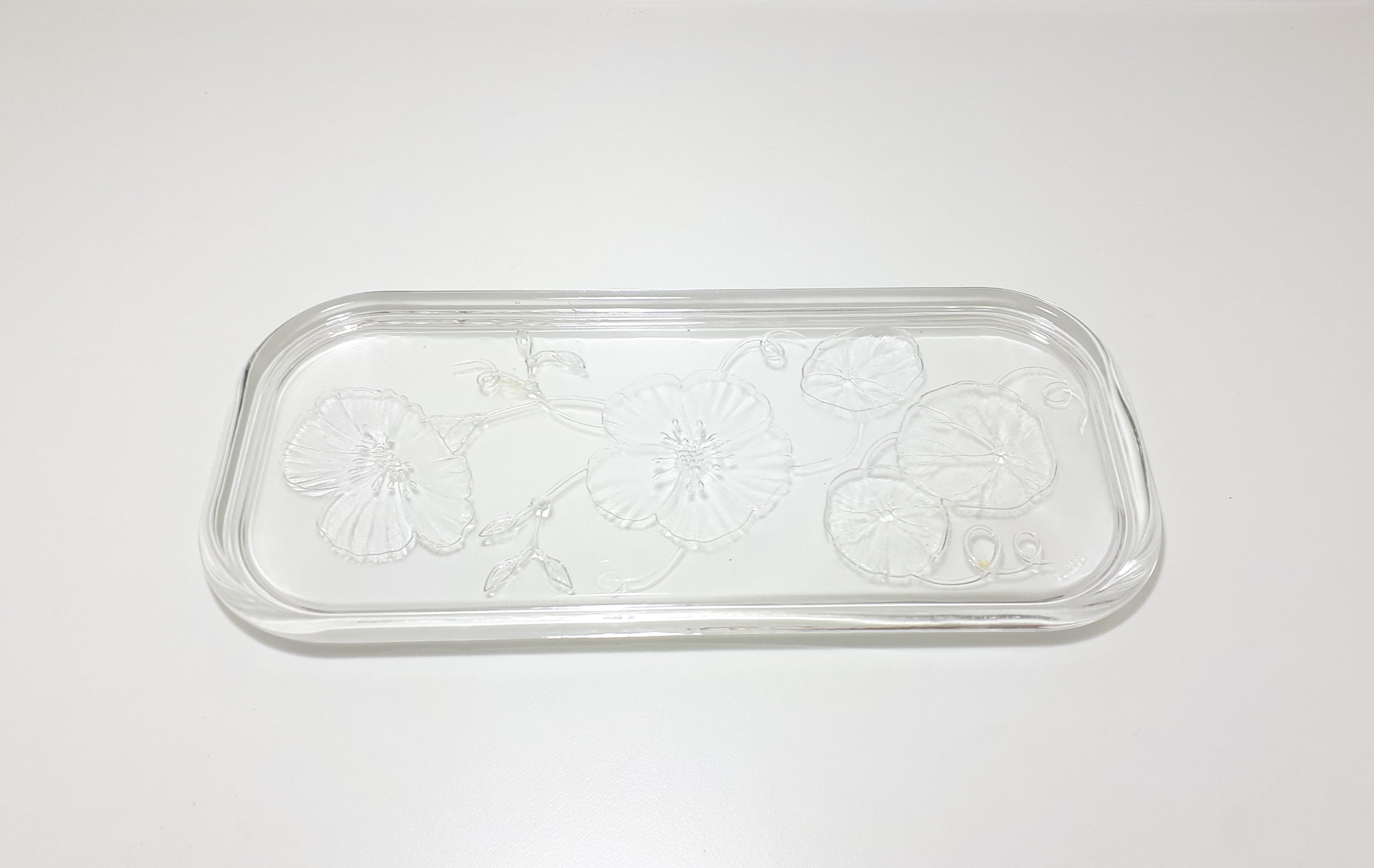 Vintage Rectangular Clear Glass Violets & Buds Pattern Vanity Tray