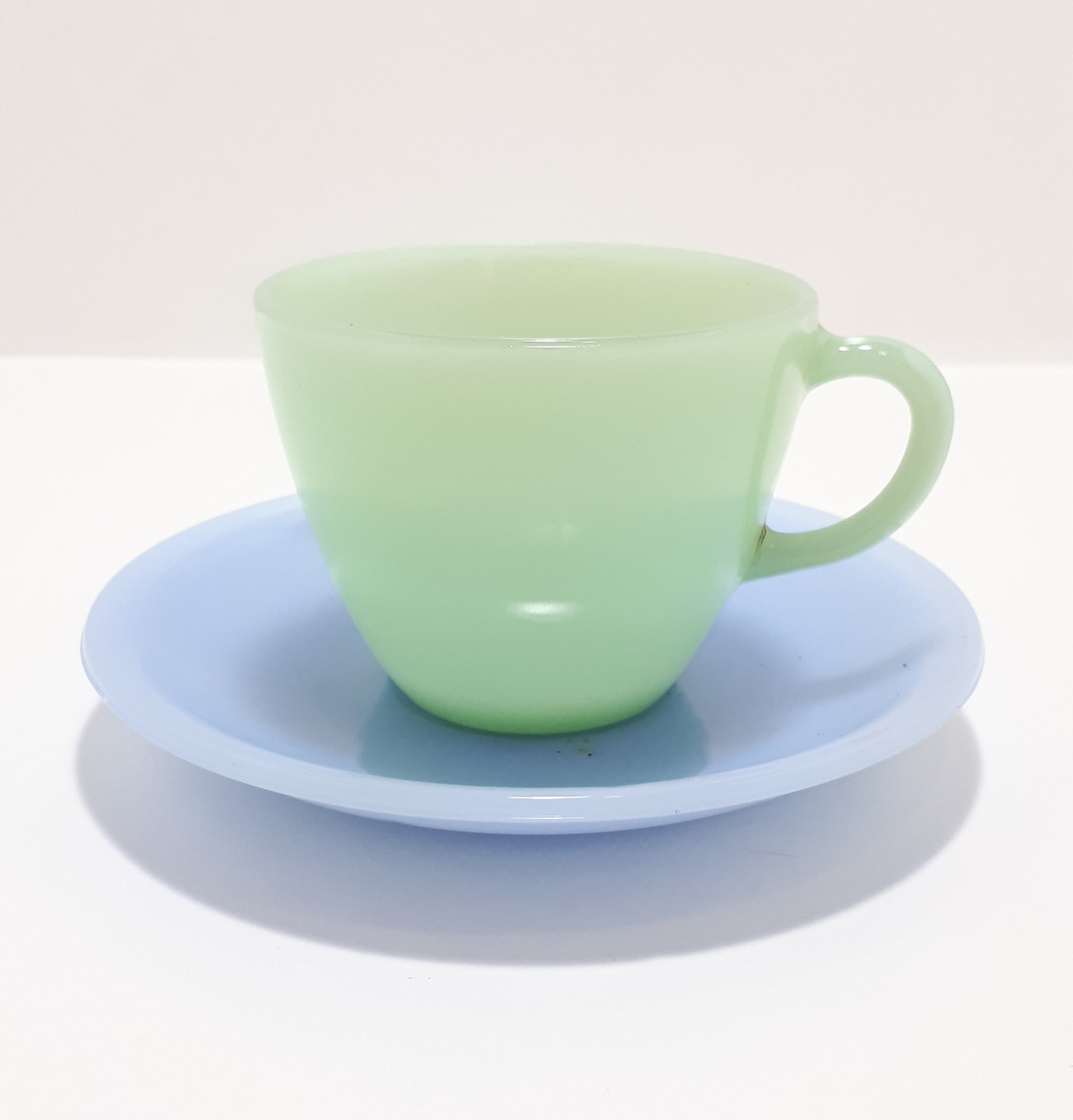 Rare Vintage 1950's Pastel Colour Milk Glass Tea Duo - Jade & Baby Blue