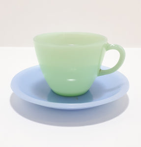 Rare Vintage 1950's Pastel Colour Milk Glass Tea Duo - Jade & Baby Blue