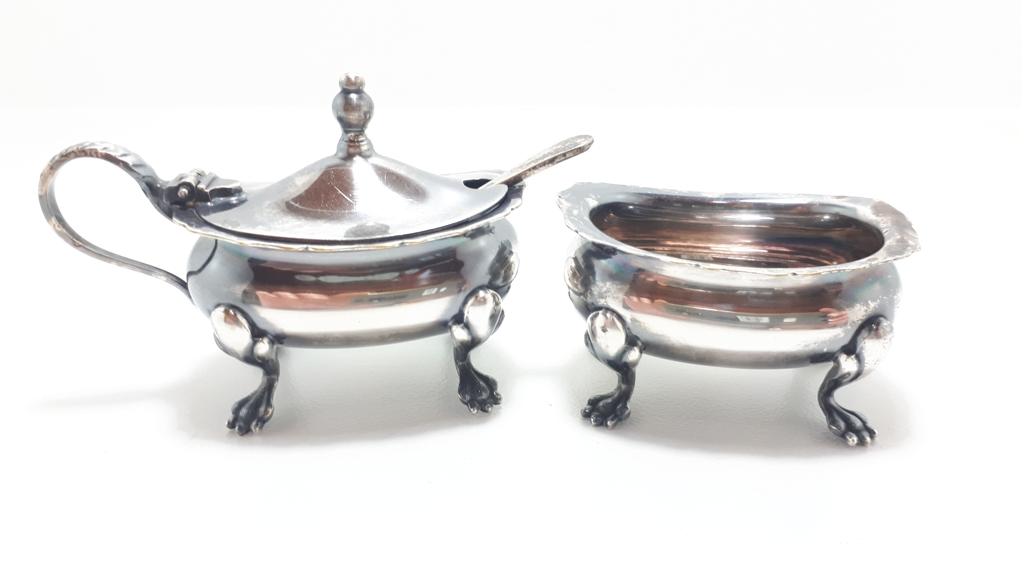 1960's Vintage Barker Ellis Silver Plated & Paw Footed Open Salt & Matching Mustard Pot With Removable Blue Liner & Mustard Spoon