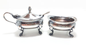 1960's Vintage Barker Ellis Silver Plated & Paw Footed Open Salt & Matching Mustard Pot With Removable Blue Liner & Mustard Spoon