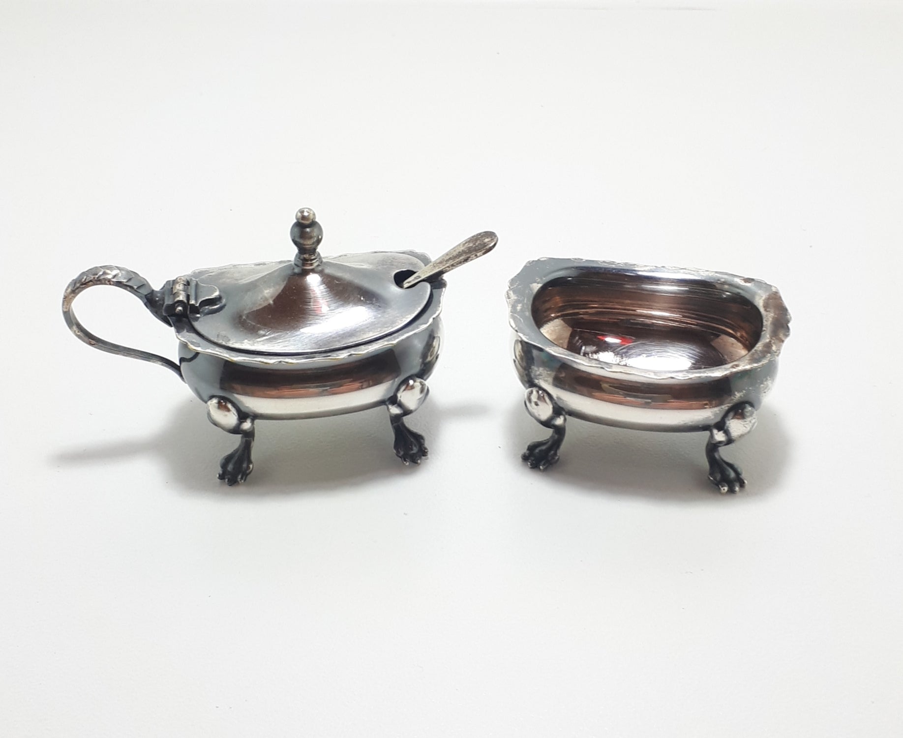 1960's Vintage Barker Ellis Silver Plated & Paw Footed Open Salt & Matching Mustard Pot With Removable Blue Liner & Mustard Spoon