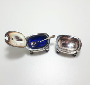 1960's Vintage Barker Ellis Silver Plated & Paw Footed Open Salt & Matching Mustard Pot With Removable Blue Liner & Mustard Spoon